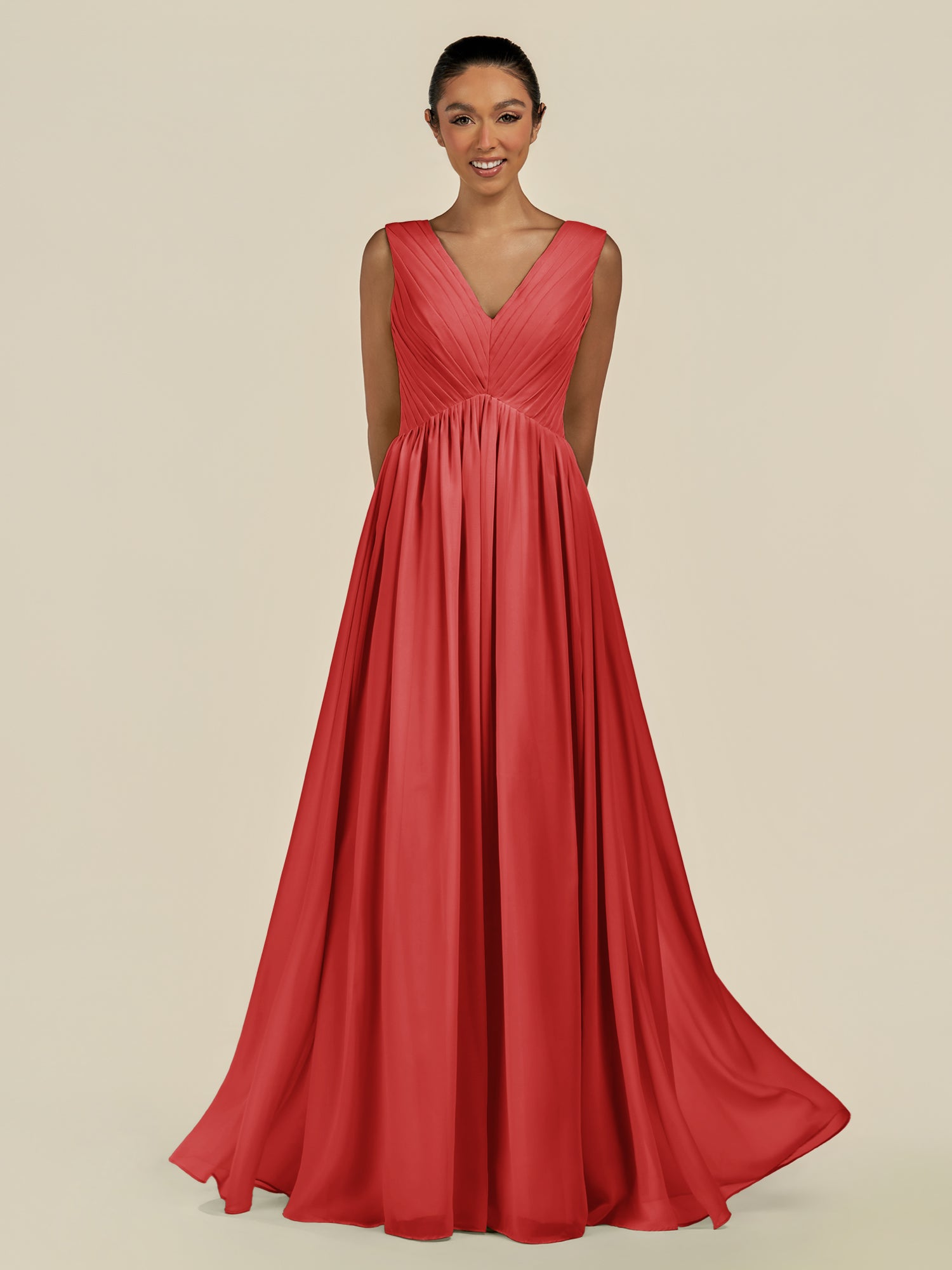 KissDress-Daryel Ruby Red A Line Chiffon V Neck Pleated Long Bridesmaid Dress