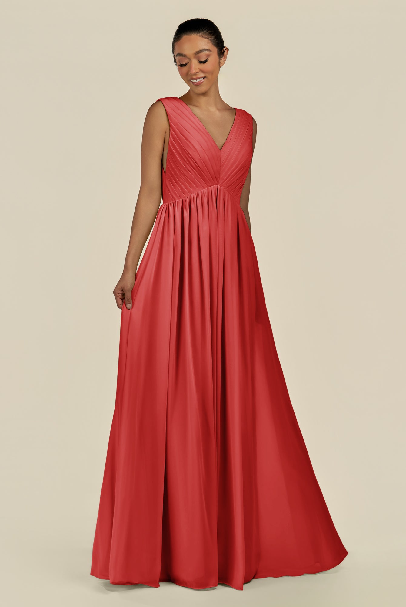 KissDress-Daryel Ruby Red A Line Chiffon V Neck Pleated Long Bridesmaid Dress