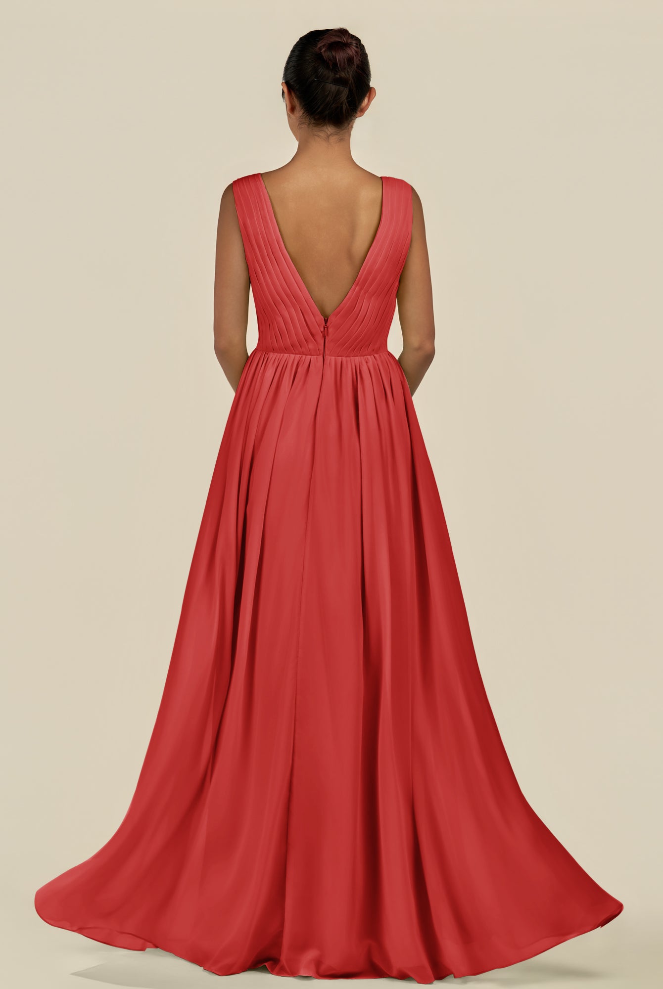 KissDress-Daryel Ruby Red A Line Chiffon V Neck Pleated Long Bridesmaid Dress