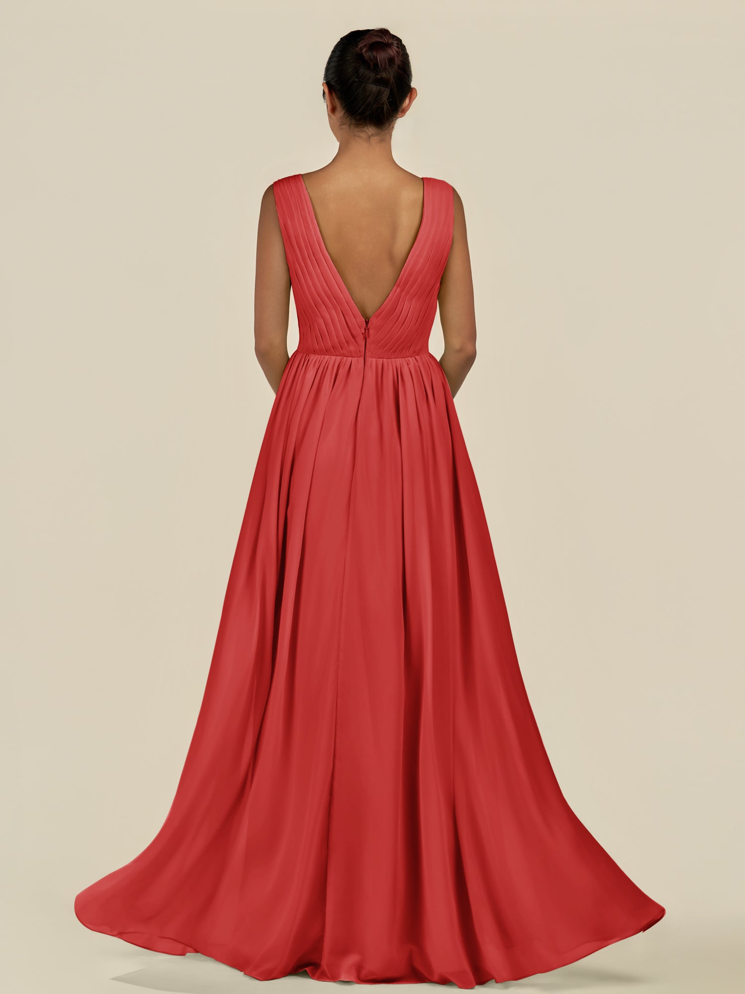 KissDress-Daryel Ruby Red A Line Chiffon V Neck Pleated Long Bridesmaid Dress