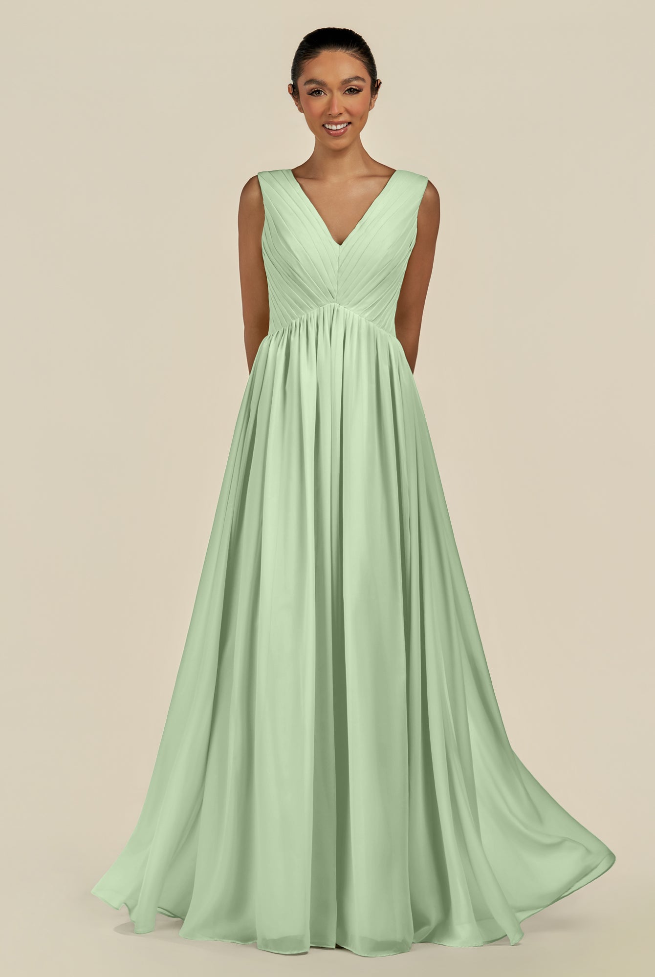 KissDress-Daryel Sage A Line Chiffon V Neck Pleated Long Bridesmaid Dress