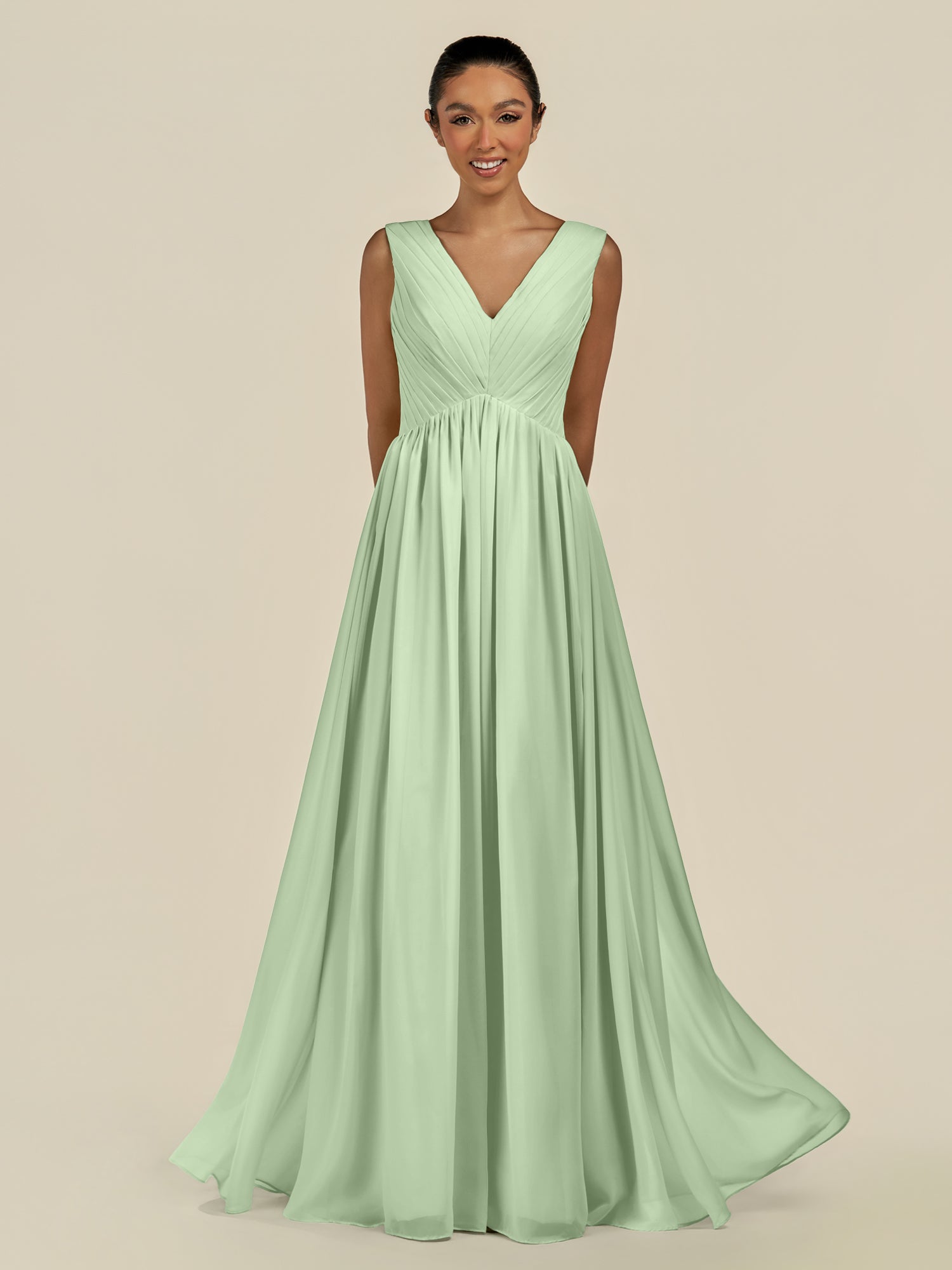 KissDress-Daryel Sage A Line Chiffon V Neck Pleated Long Bridesmaid Dress