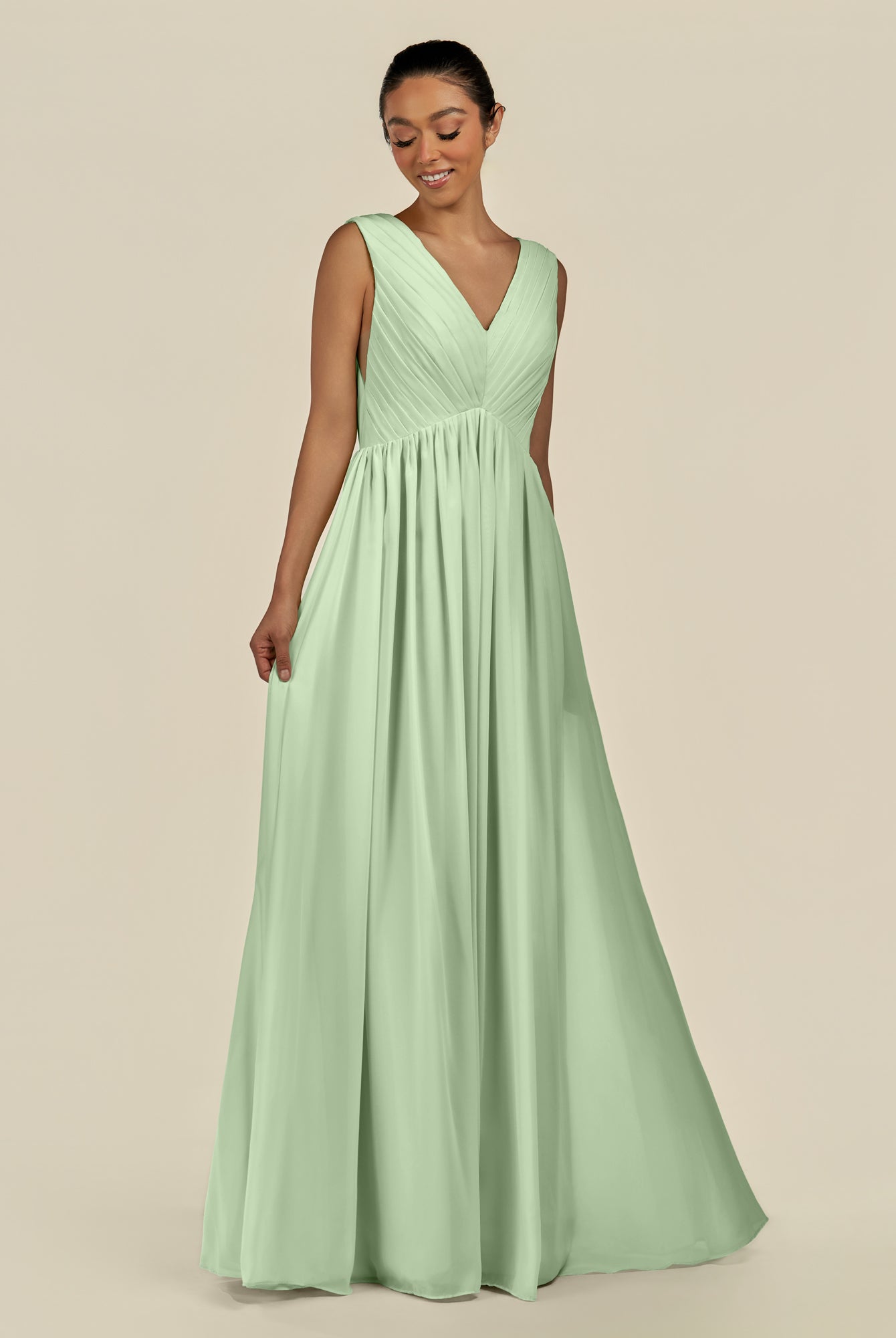 KissDress-Daryel Sage A Line Chiffon V Neck Pleated Long Bridesmaid Dress