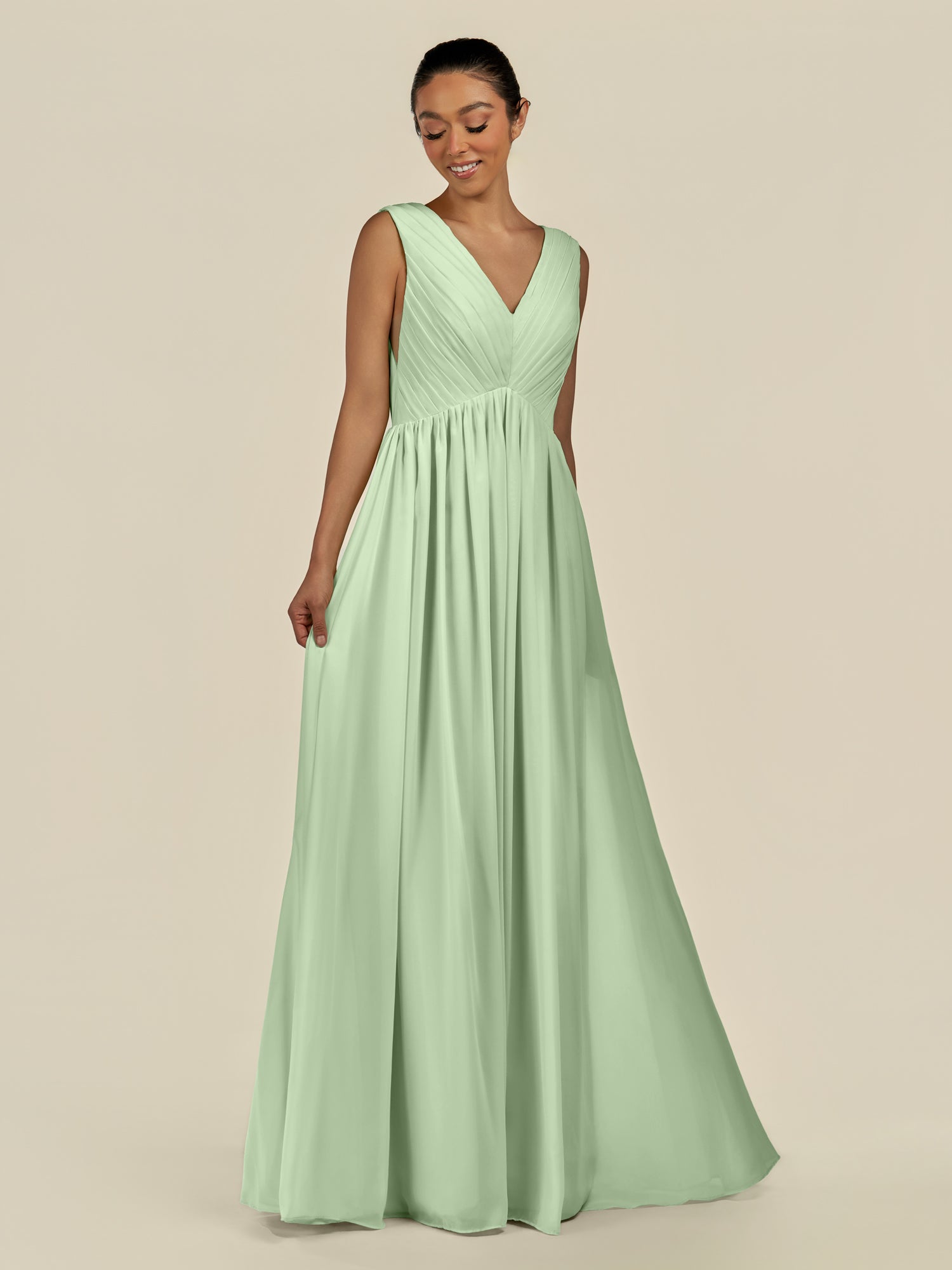 KissDress-Daryel Sage A Line Chiffon V Neck Pleated Long Bridesmaid Dress