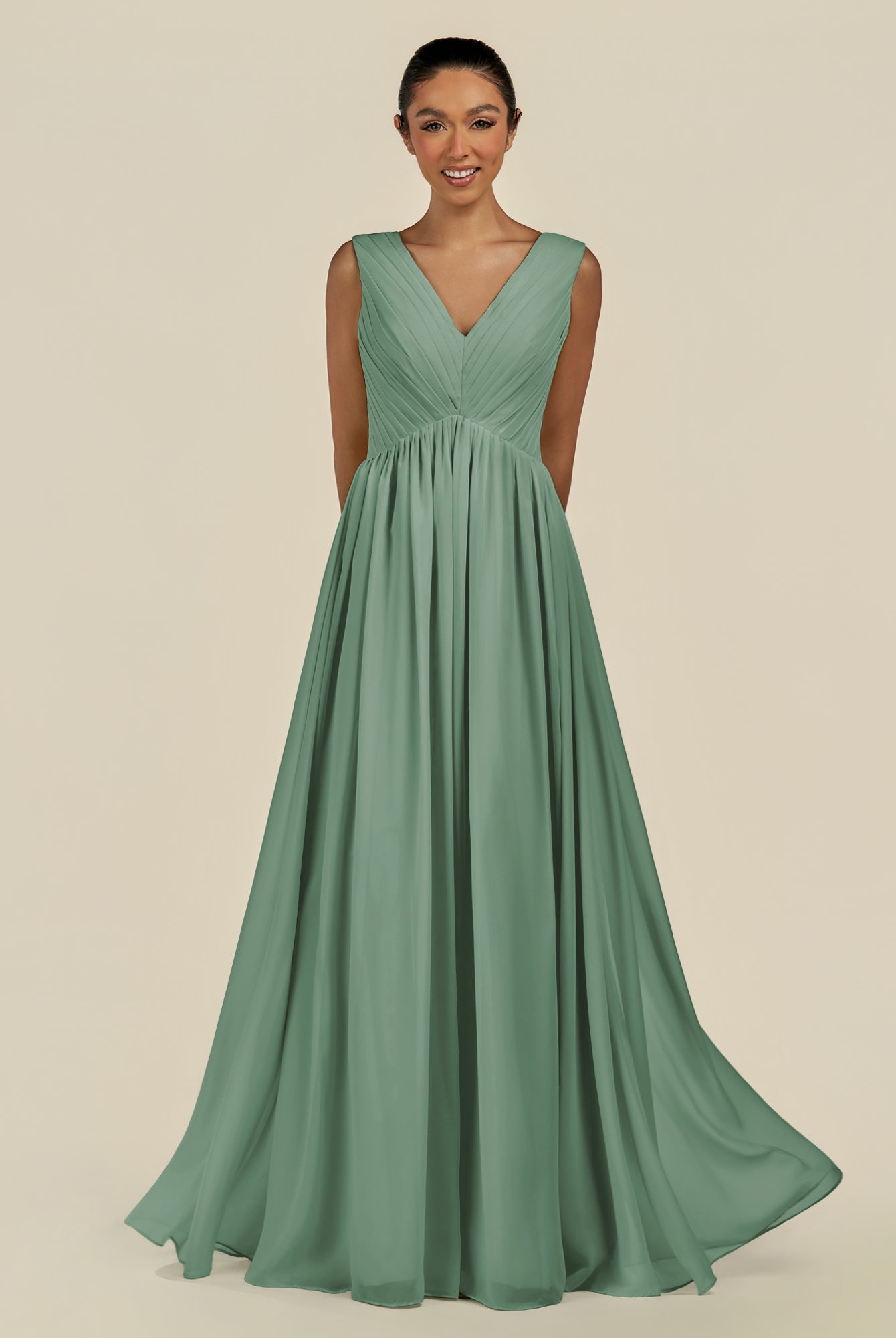 KissDress-Daryel Sea Glass A Line Chiffon V Neck Pleated Long Bridesmaid Dress