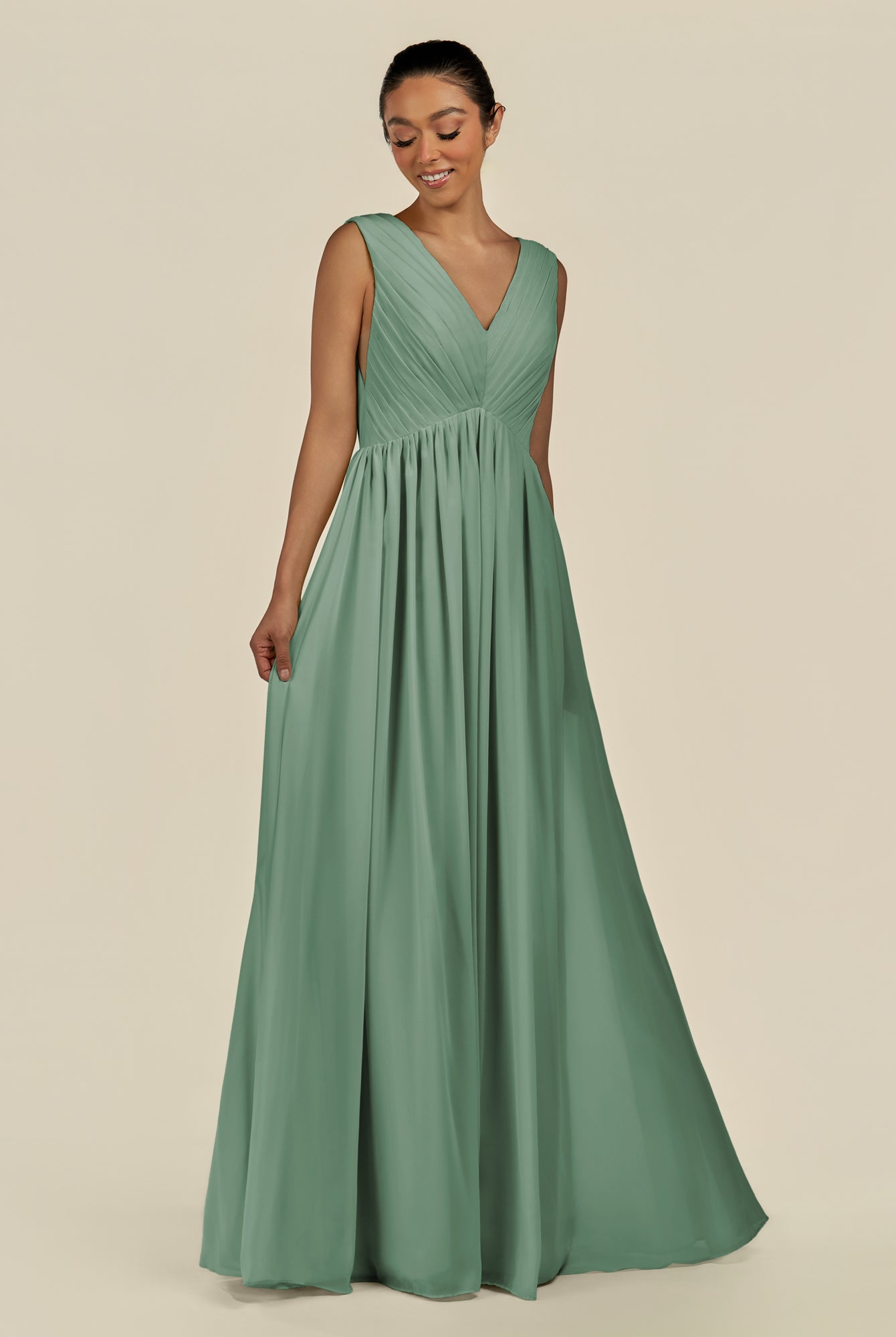 KissDress-Daryel Sea Glass A Line Chiffon V Neck Pleated Long Bridesmaid Dress