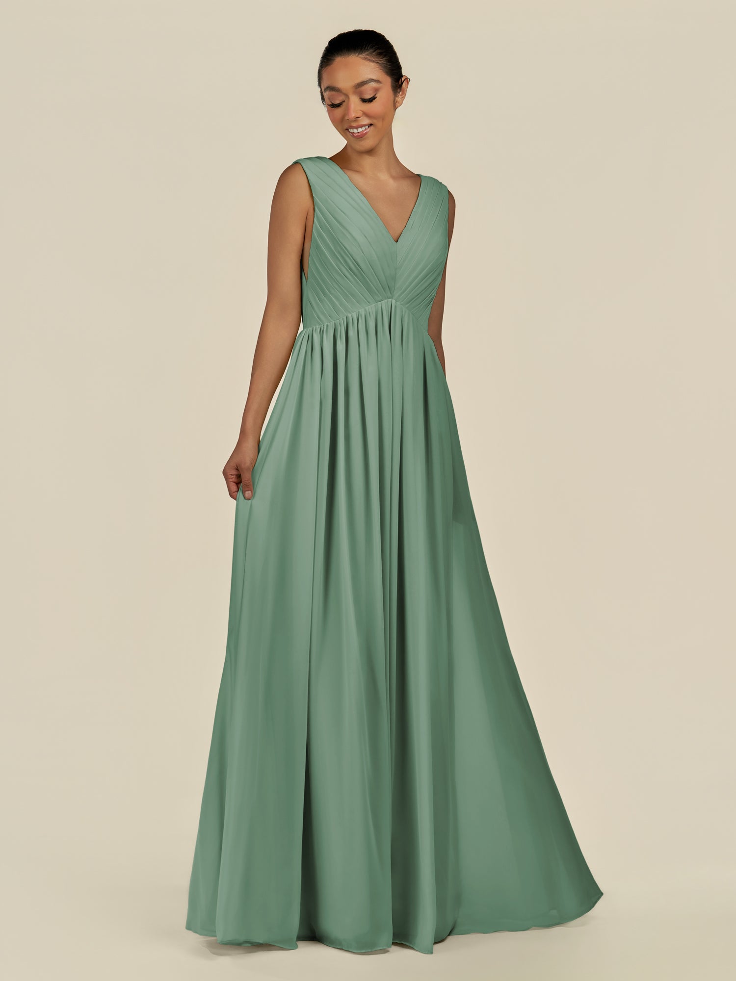 KissDress-Daryel Sea Glass A Line Chiffon V Neck Pleated Long Bridesmaid Dress