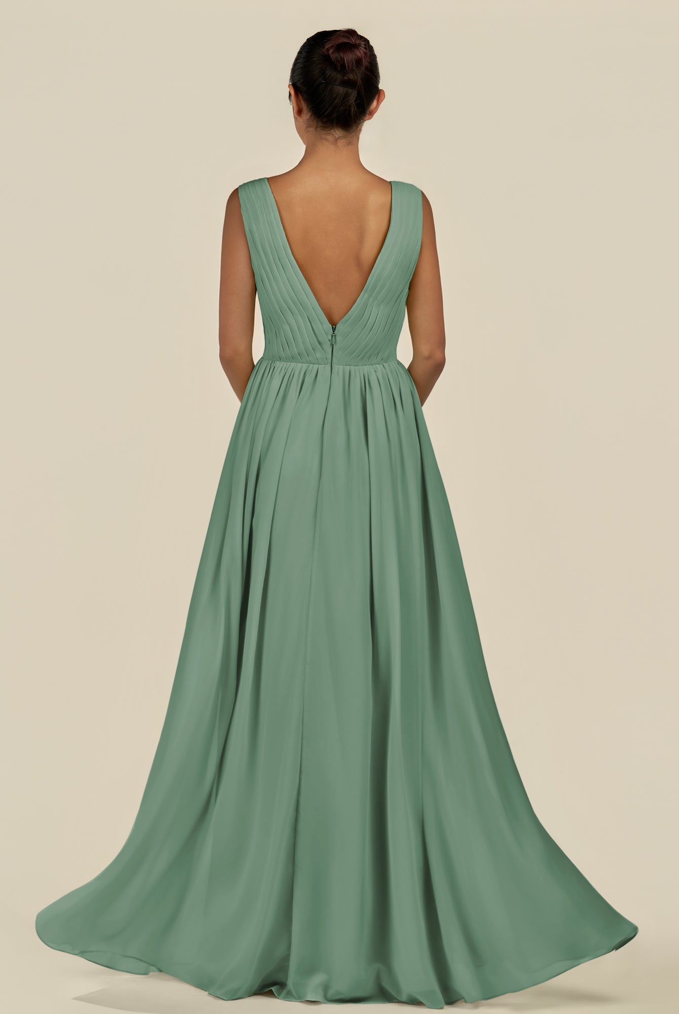 KissDress-Daryel Sea Glass A Line Chiffon V Neck Pleated Long Bridesmaid Dress
