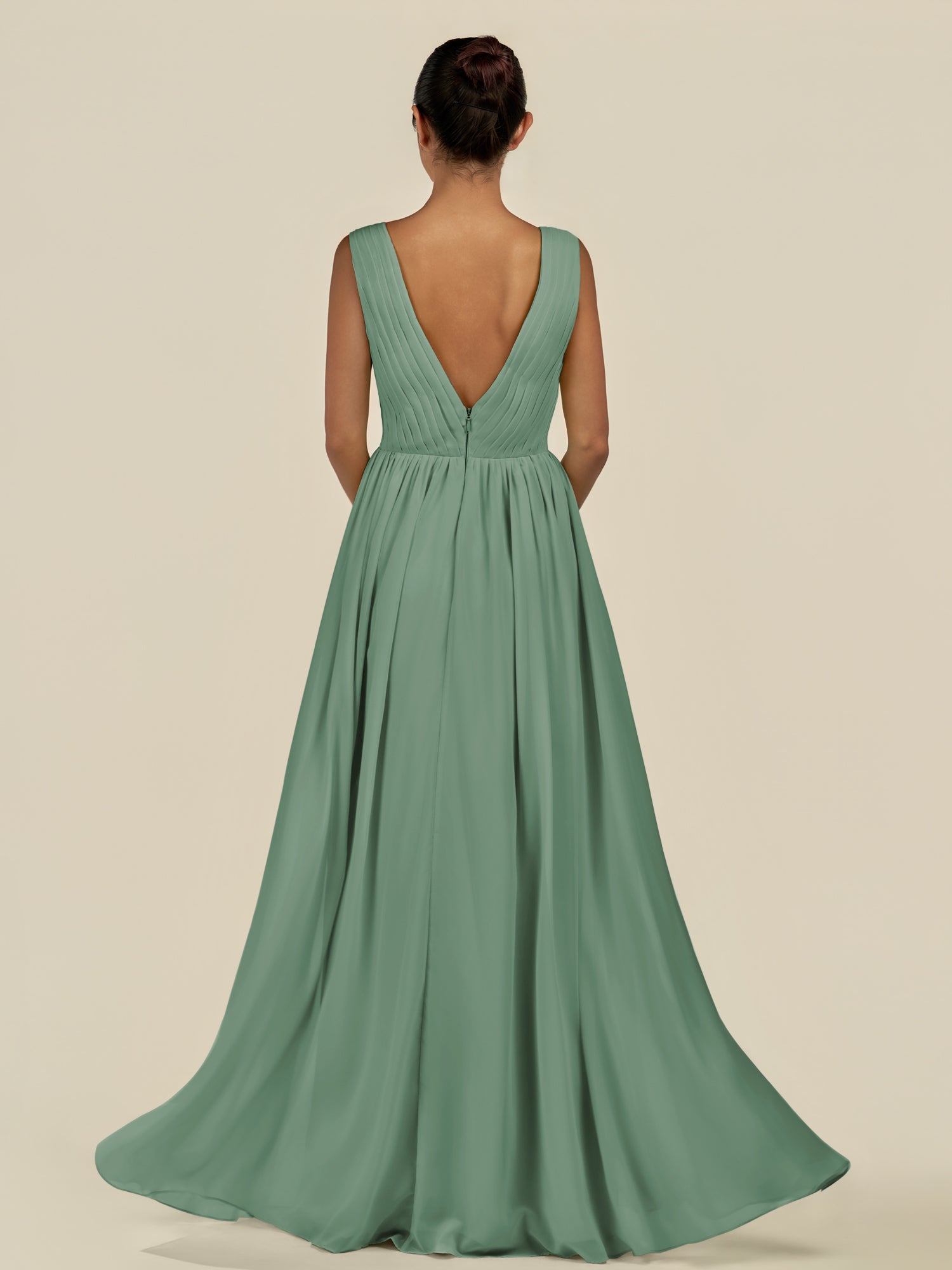 KissDress-Daryel Sea Glass A Line Chiffon V Neck Pleated Long Bridesmaid Dress
