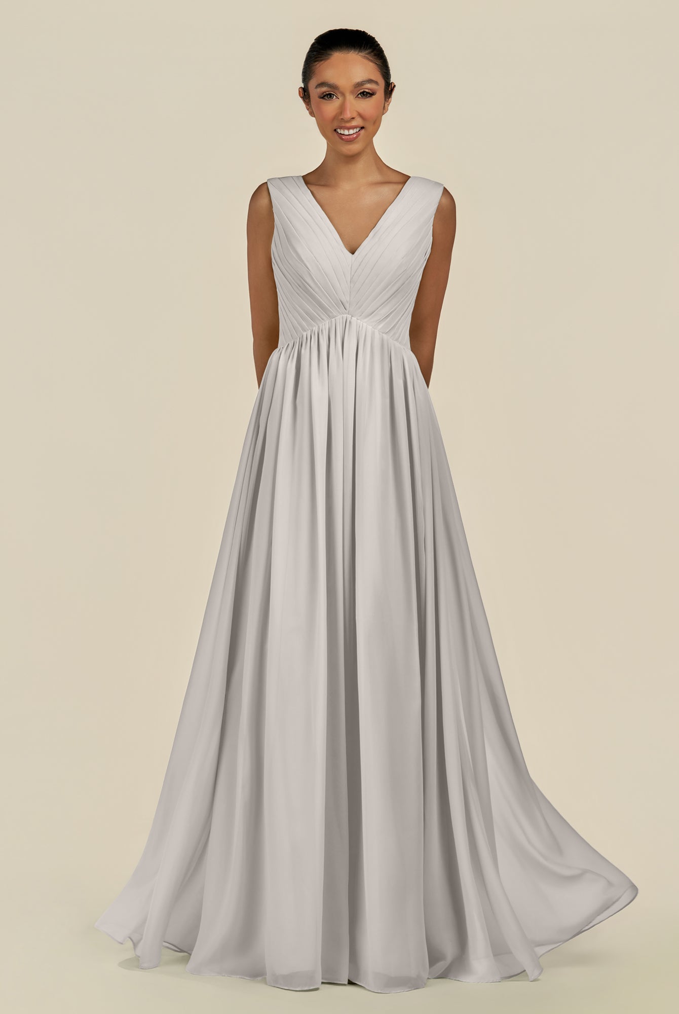 KissDress-Daryel Silver A Line Chiffon V Neck Pleated Long Bridesmaid Dress
