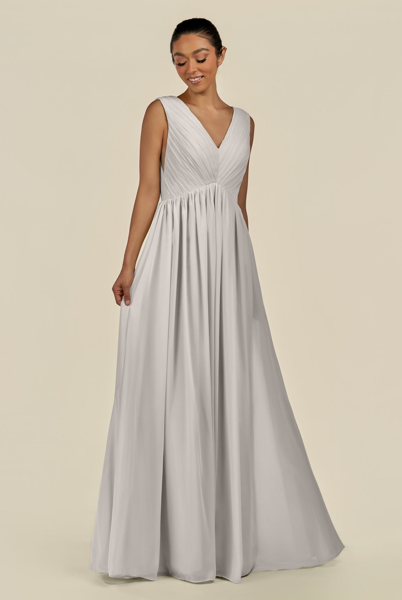 KissDress-Daryel Silver A Line Chiffon V Neck Pleated Long Bridesmaid Dress