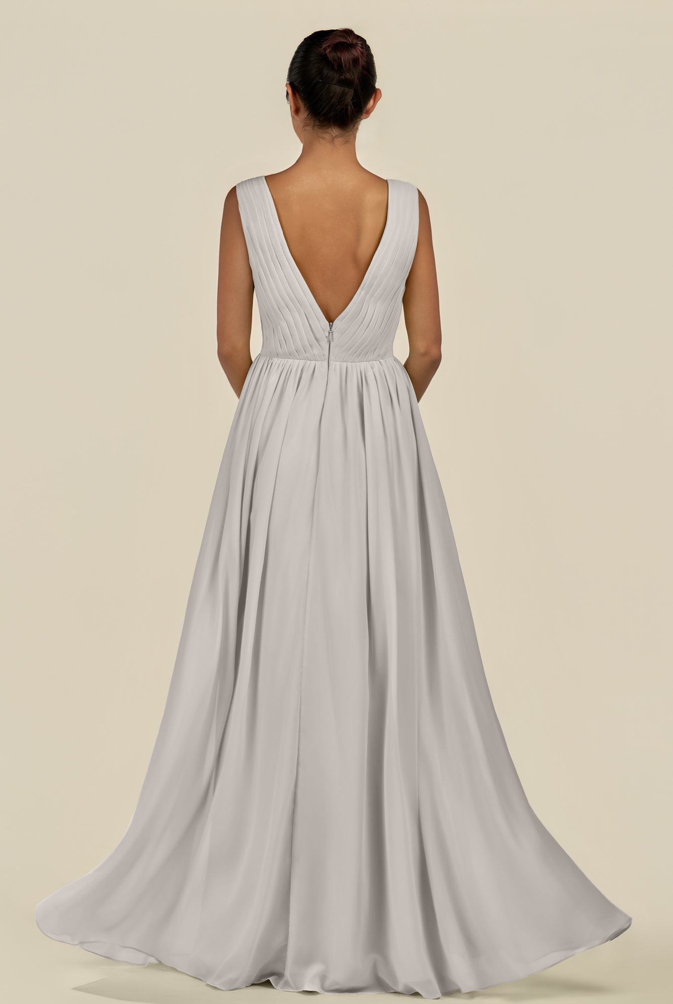 KissDress-Daryel Silver A Line Chiffon V Neck Pleated Long Bridesmaid Dress