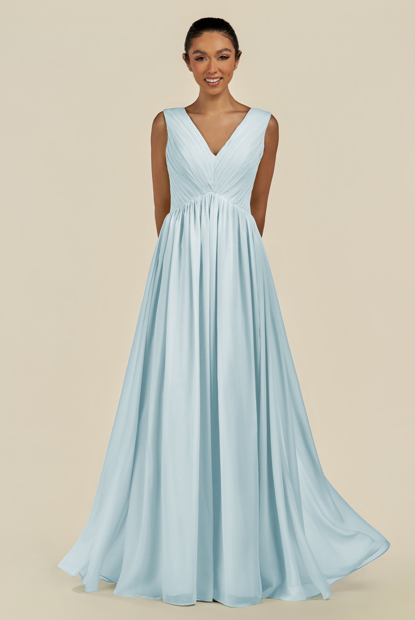 KissDress-Daryel Sky Blue A Line Chiffon V Neck Pleated Long Bridesmaid Dress