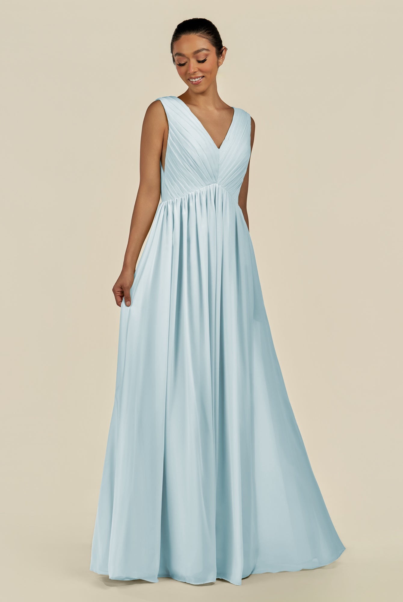 KissDress-Daryel Sky Blue A Line Chiffon V Neck Pleated Long Bridesmaid Dress