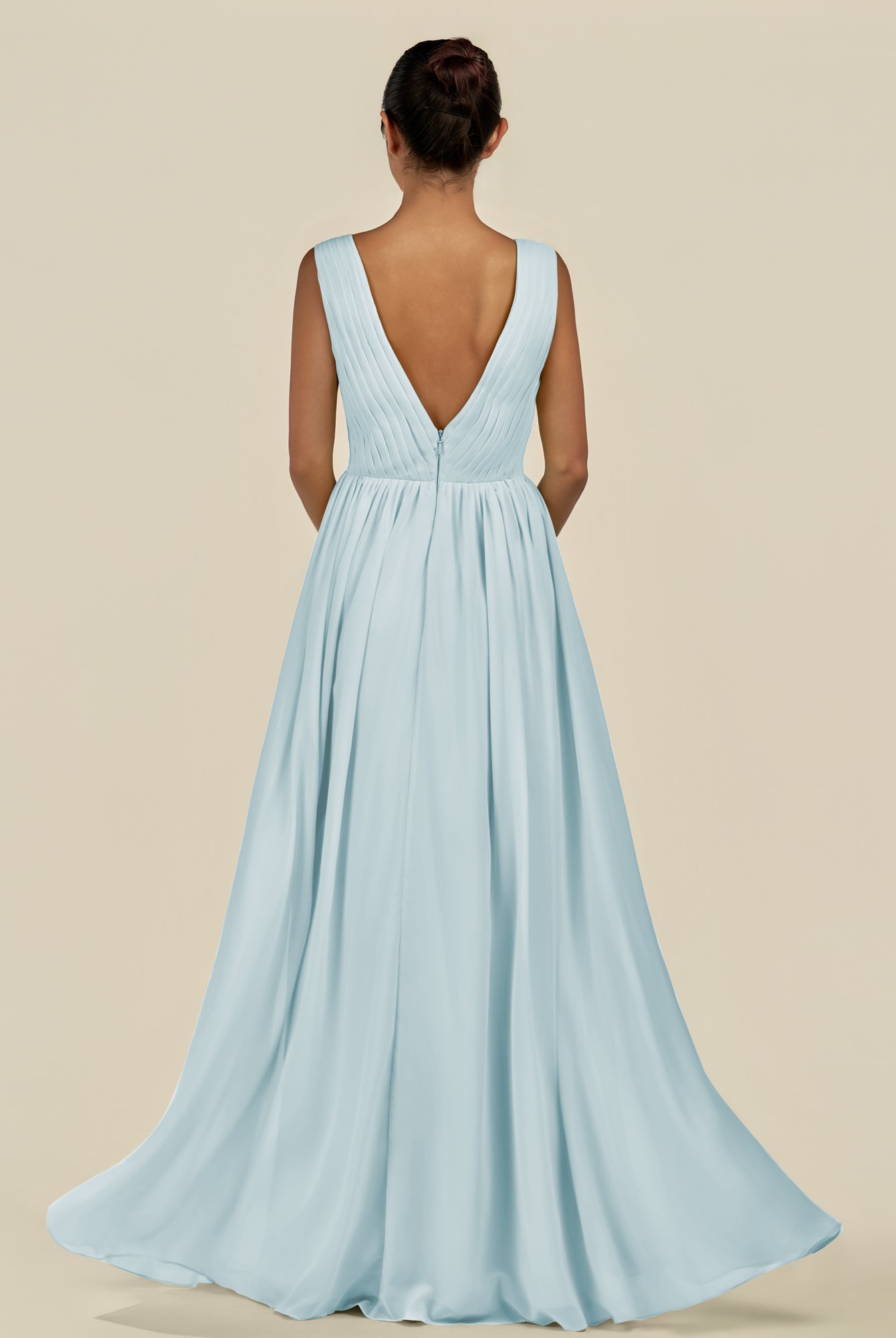 KissDress-Daryel Sky Blue A Line Chiffon V Neck Pleated Long Bridesmaid Dress
