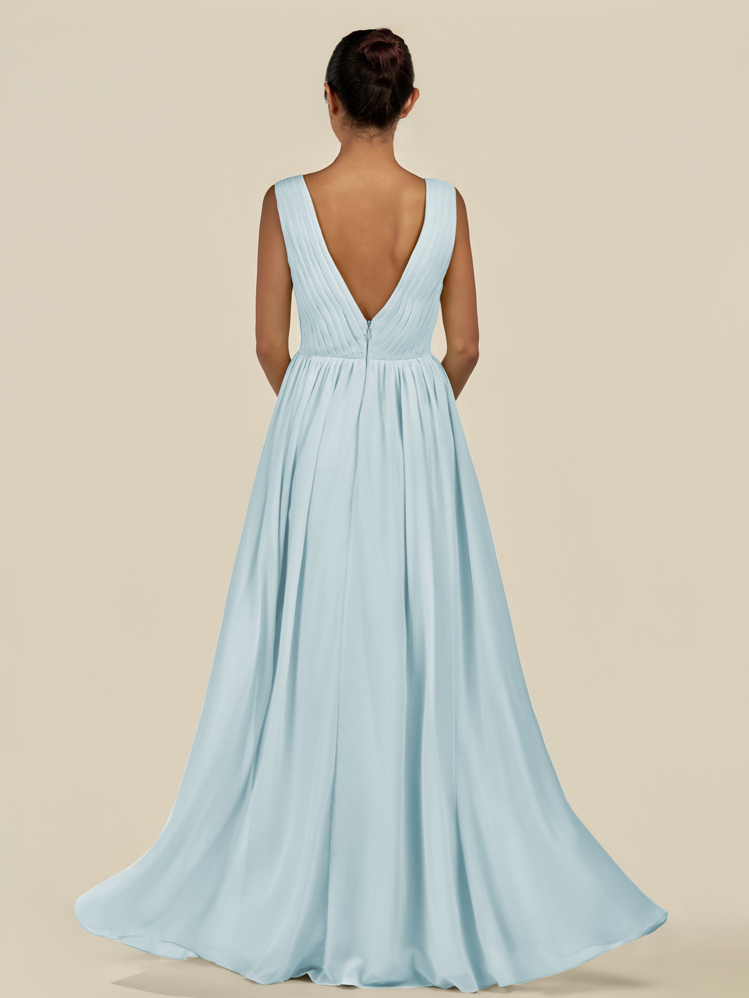 KissDress-Daryel Sky Blue A Line Chiffon V Neck Pleated Long Bridesmaid Dress