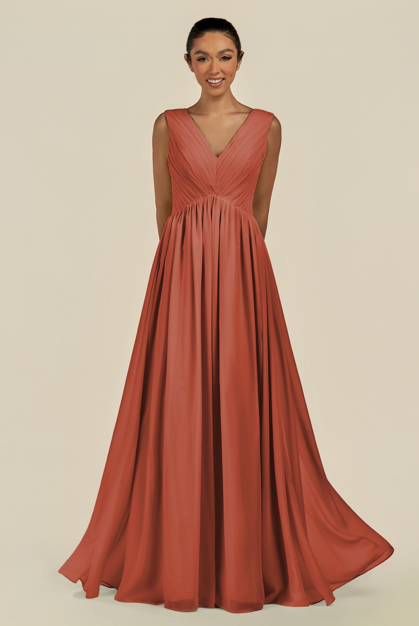 KissDress-Daryel Spice A Line Chiffon V Neck Pleated Long Bridesmaid Dress