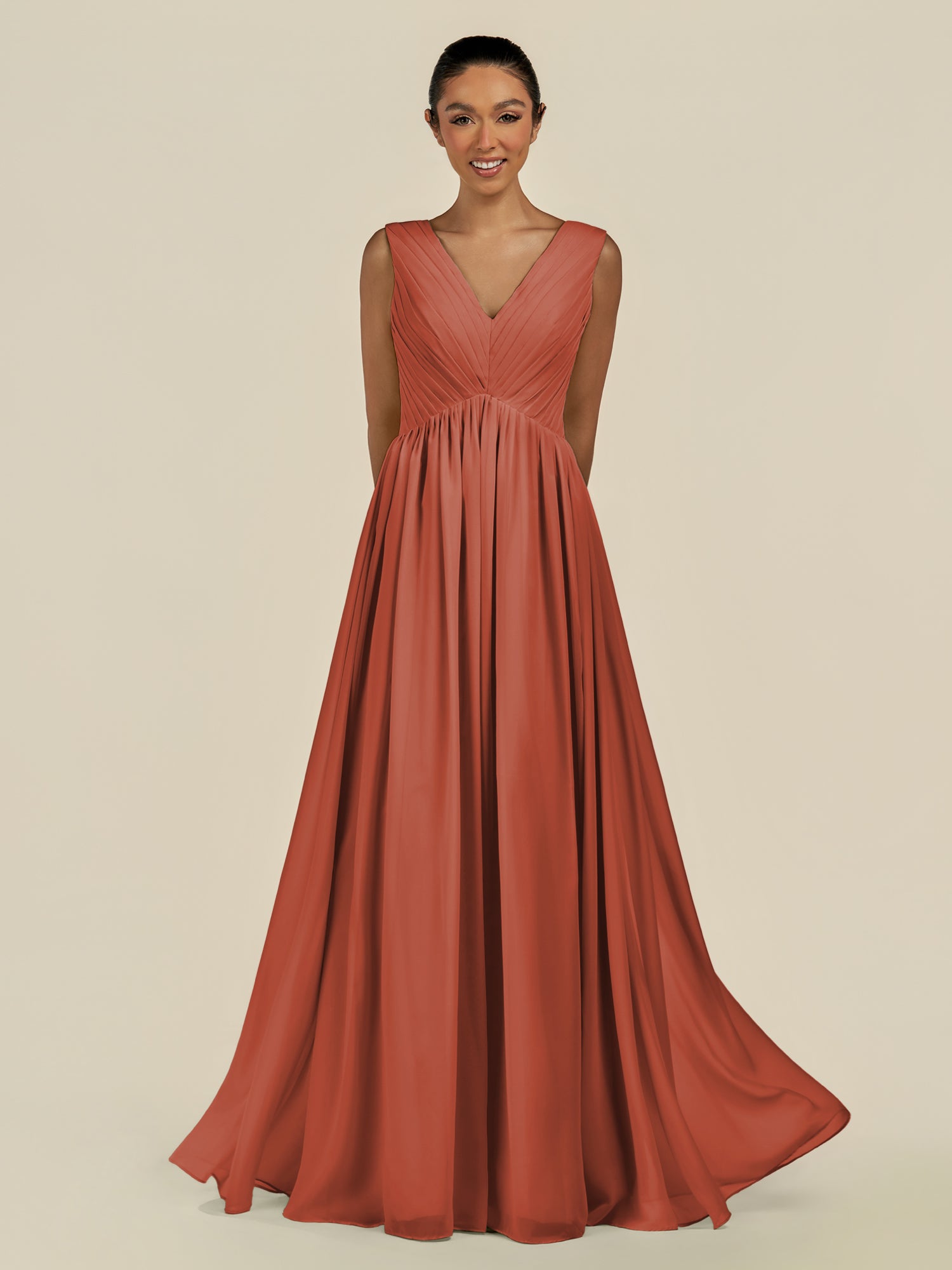 KissDress-Daryel Spice A Line Chiffon V Neck Pleated Long Bridesmaid Dress