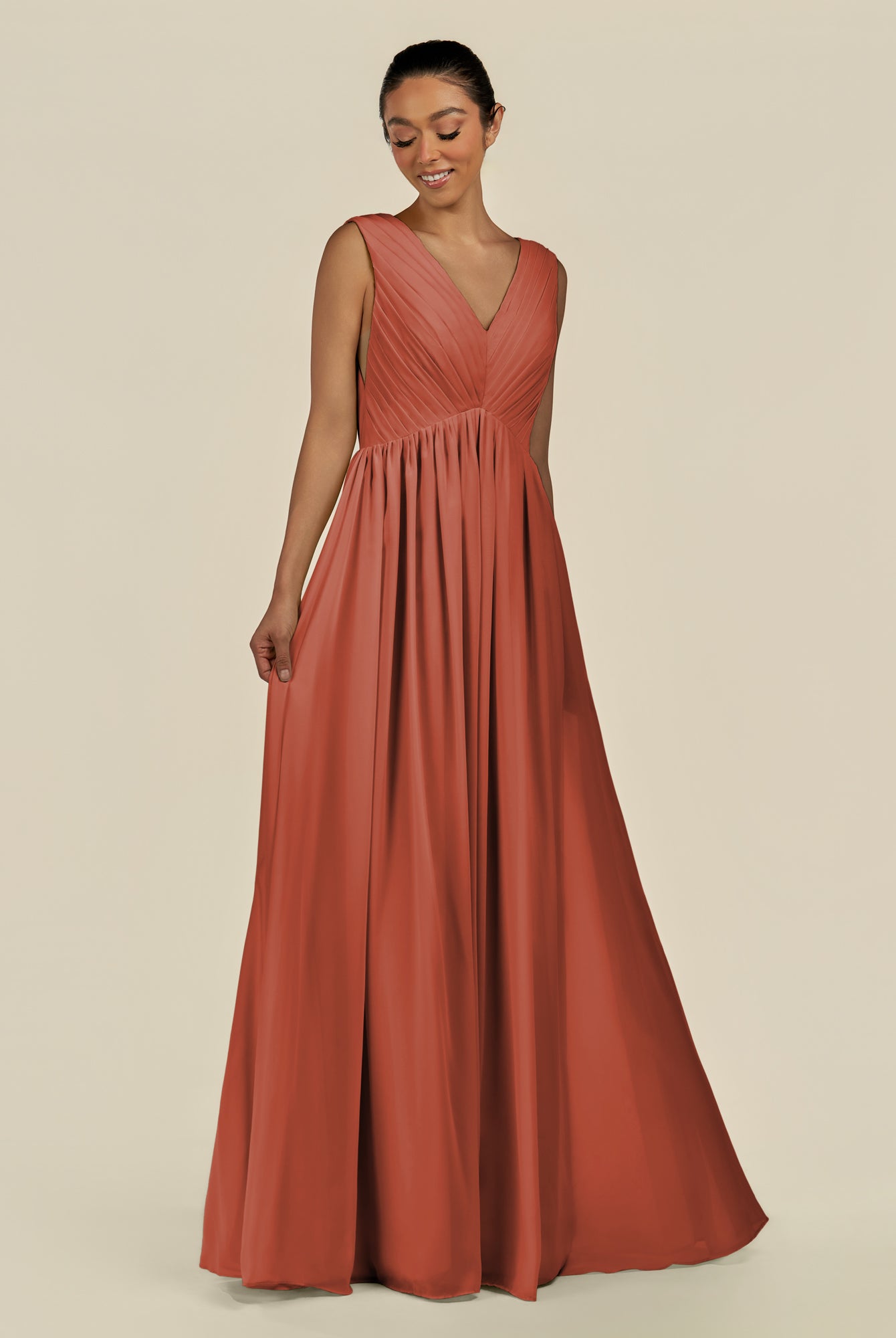 KissDress-Daryel Spice A Line Chiffon V Neck Pleated Long Bridesmaid Dress