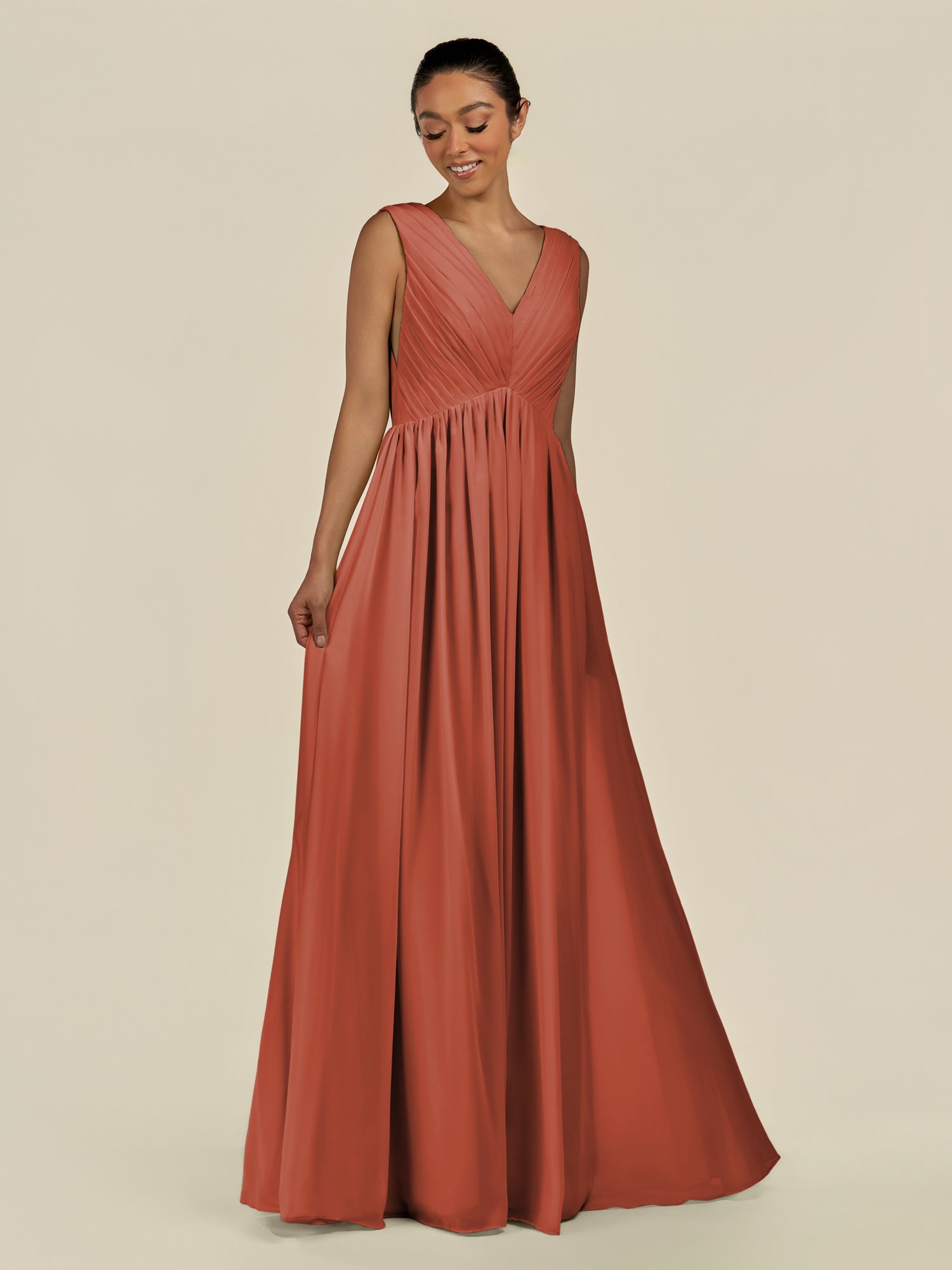 KissDress-Daryel Spice A Line Chiffon V Neck Pleated Long Bridesmaid Dress