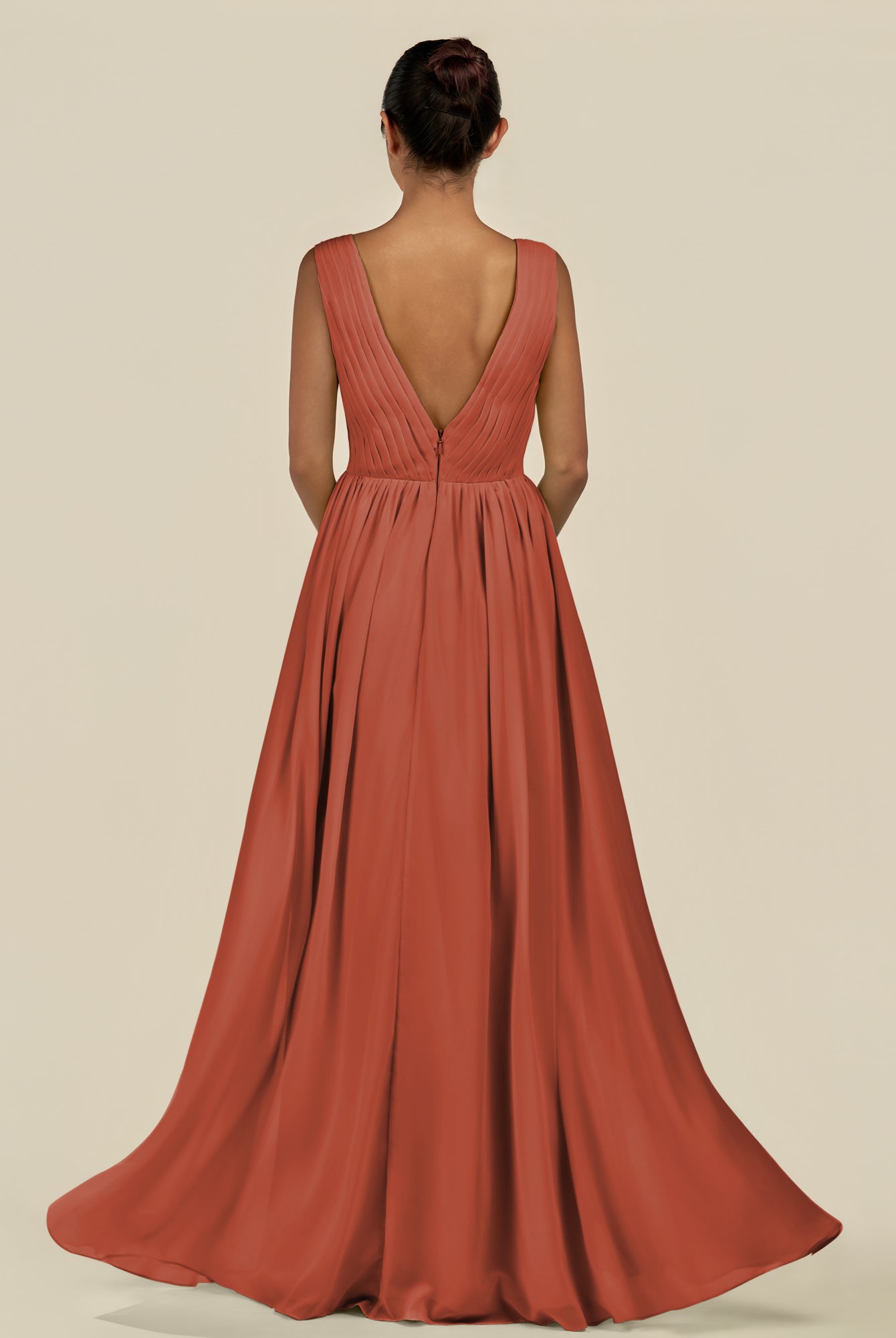 KissDress-Daryel Spice A Line Chiffon V Neck Pleated Long Bridesmaid Dress
