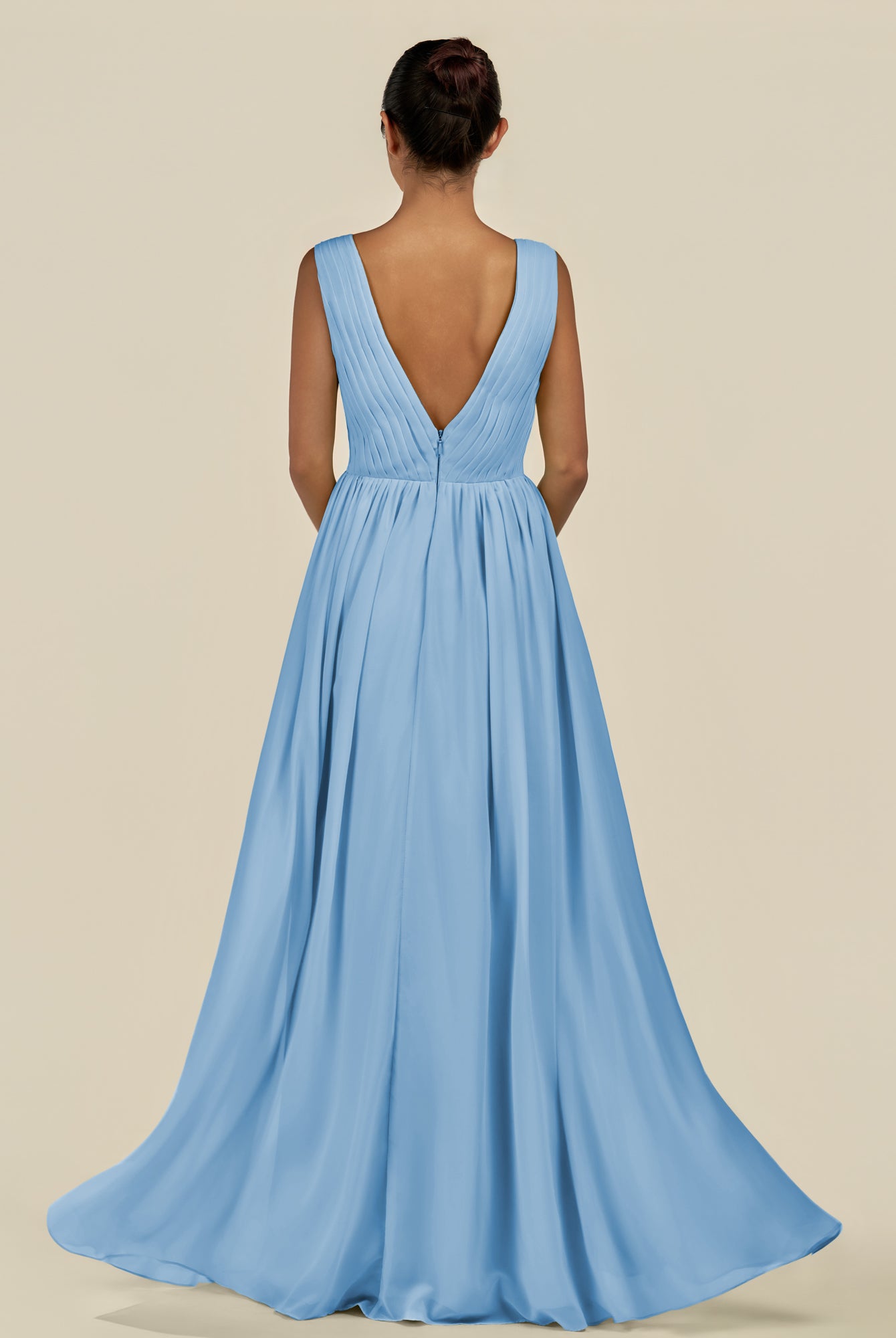 KissDress-Daryel Steel Blue A Line Chiffon V Neck Pleated Long Bridesmaid Dress