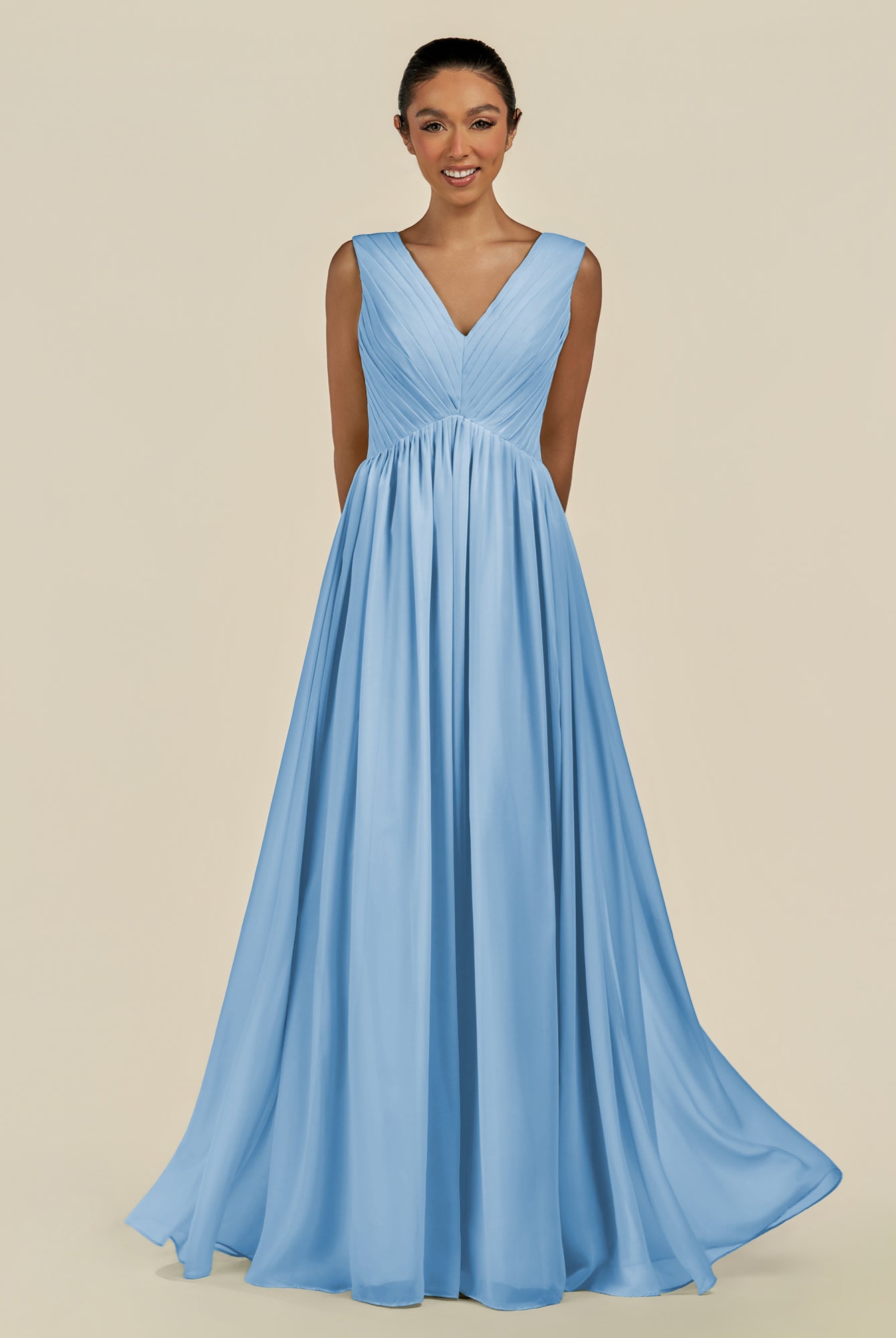 KissDress-Daryel Steel Blue A Line Chiffon V Neck Pleated Long Bridesmaid Dress