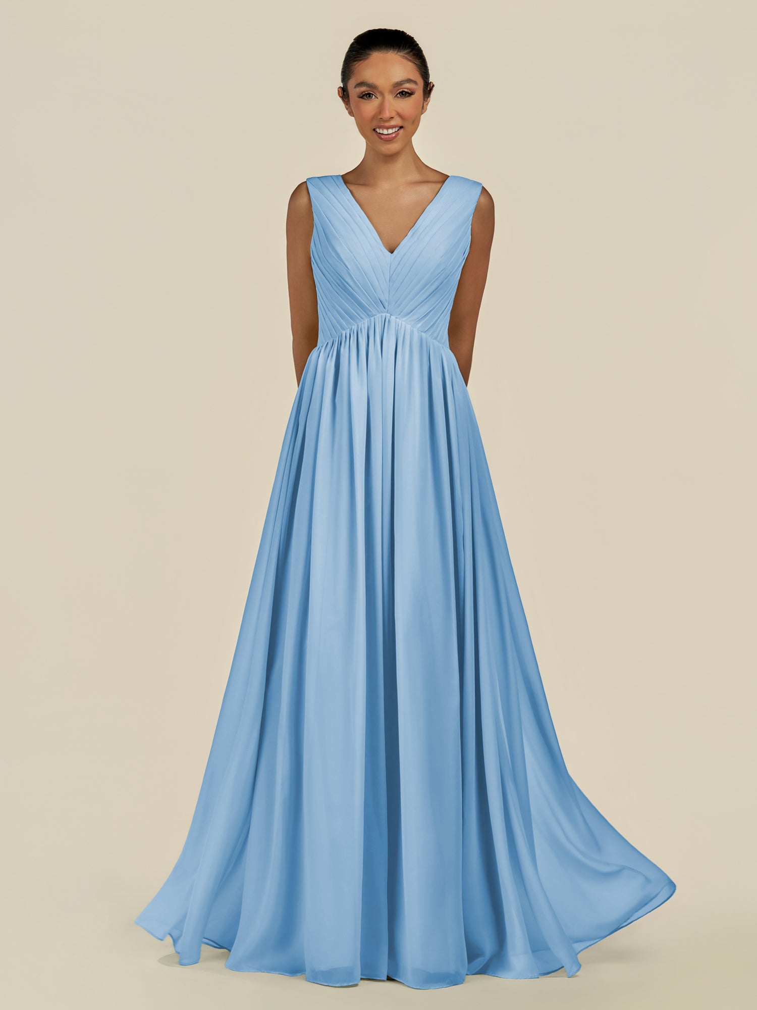KissDress-Daryel Steel Blue A Line Chiffon V Neck Pleated Long Bridesmaid Dress