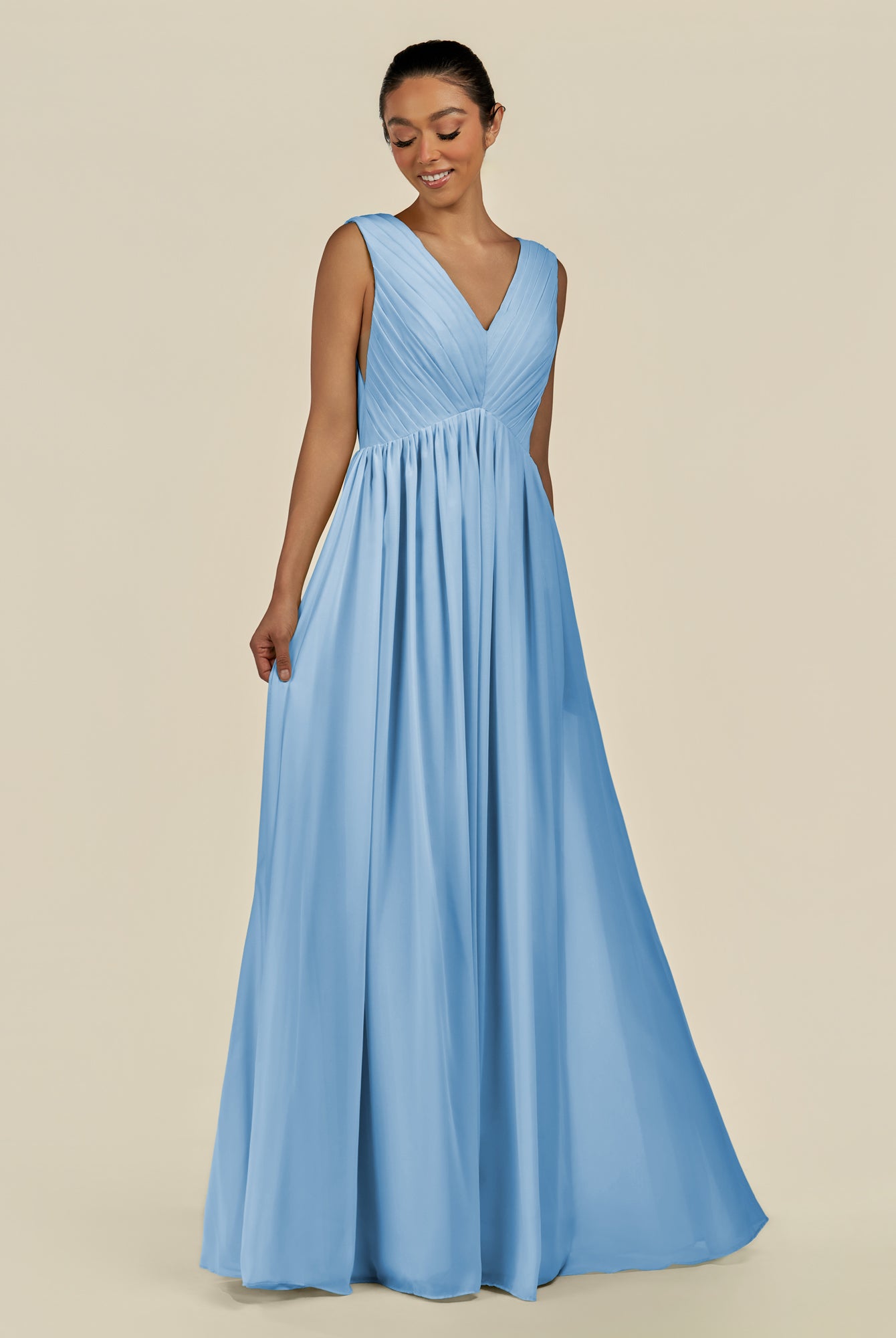 KissDress-Daryel Steel Blue A Line Chiffon V Neck Pleated Long Bridesmaid Dress