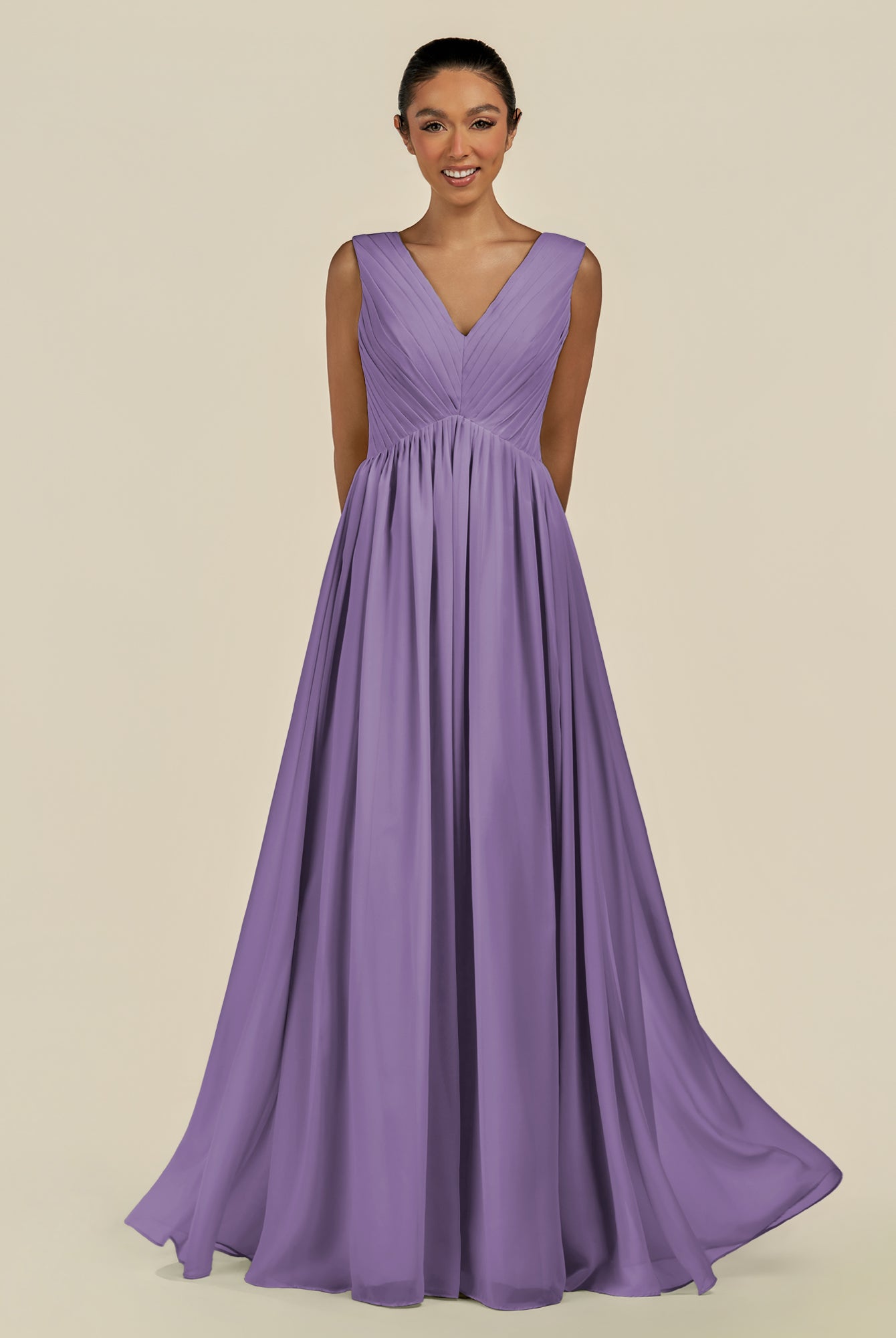 KissDress-Daryel Tahiti A Line Chiffon V Neck Pleated Long Bridesmaid Dress