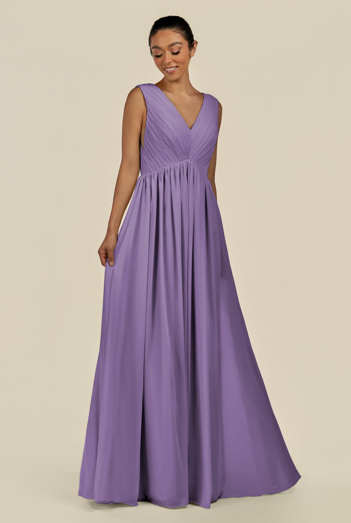KissDress-Daryel Tahiti A Line Chiffon V Neck Pleated Long Bridesmaid Dress