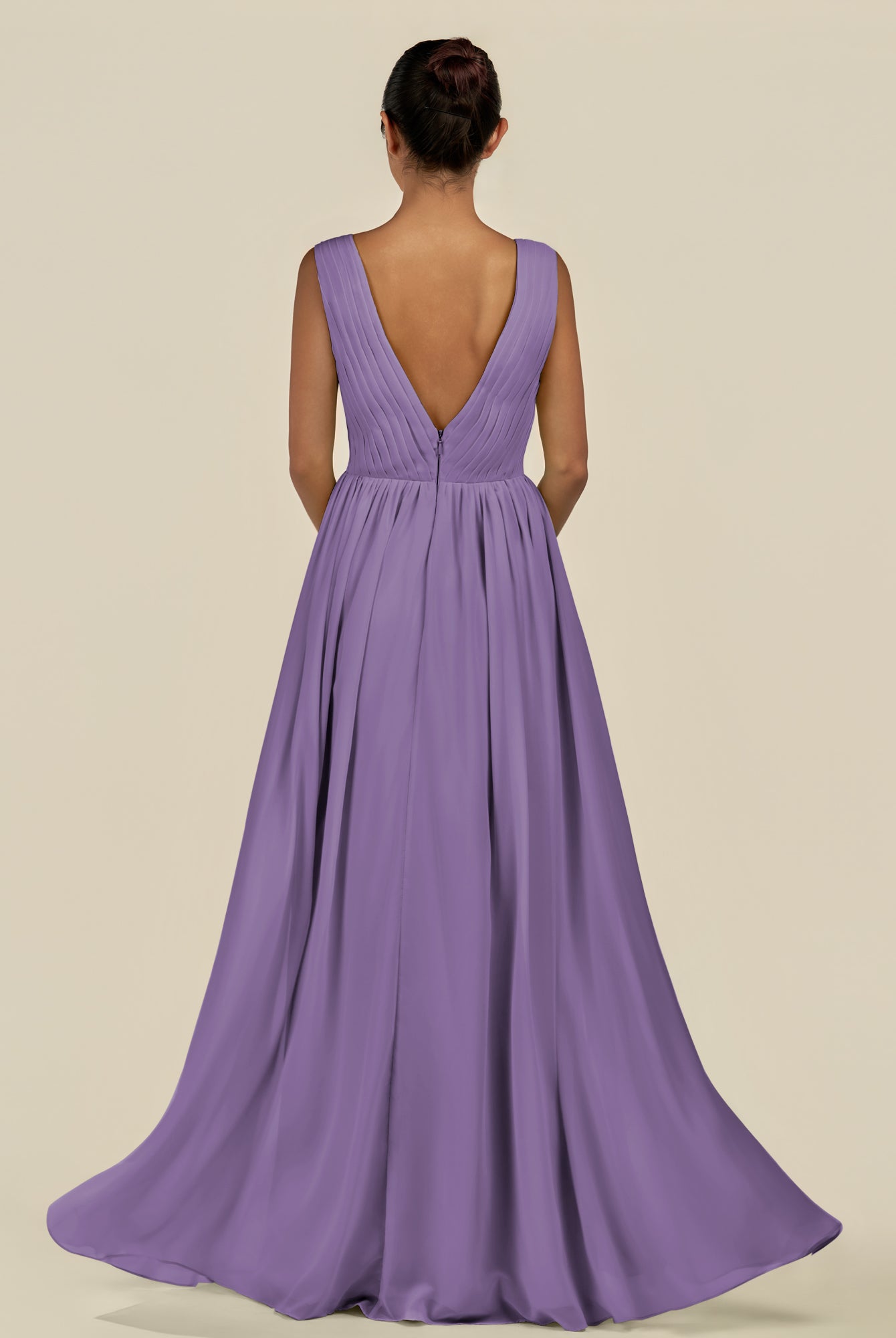 KissDress-Daryel Tahiti A Line Chiffon V Neck Pleated Long Bridesmaid Dress