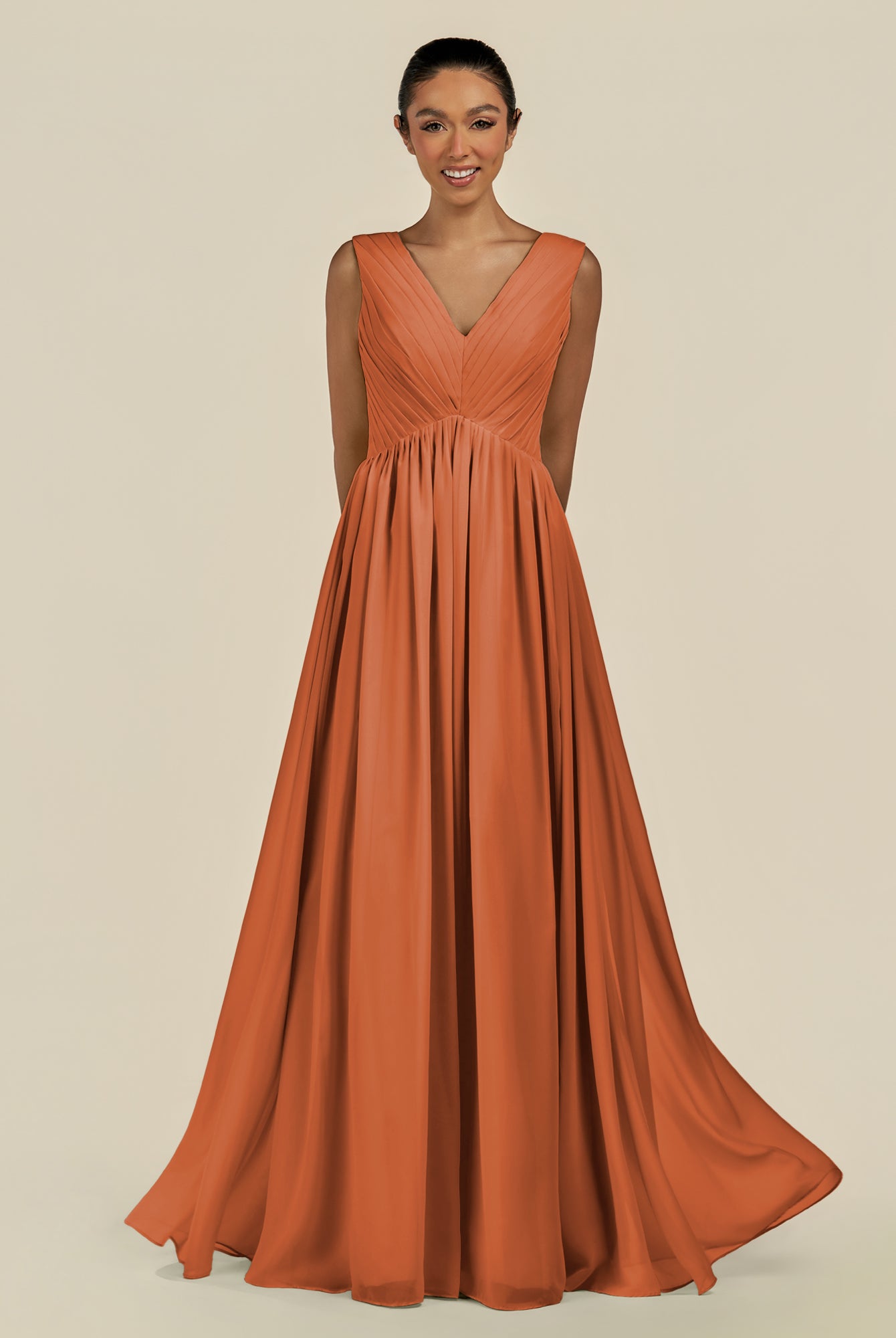 KissDress-Daryel Terracotta A Line Chiffon V Neck Pleated Long Bridesmaid Dress