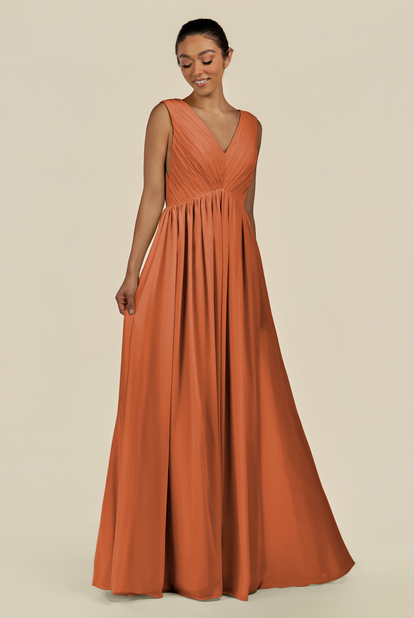 KissDress-Daryel Terracotta A Line Chiffon V Neck Pleated Long Bridesmaid Dress