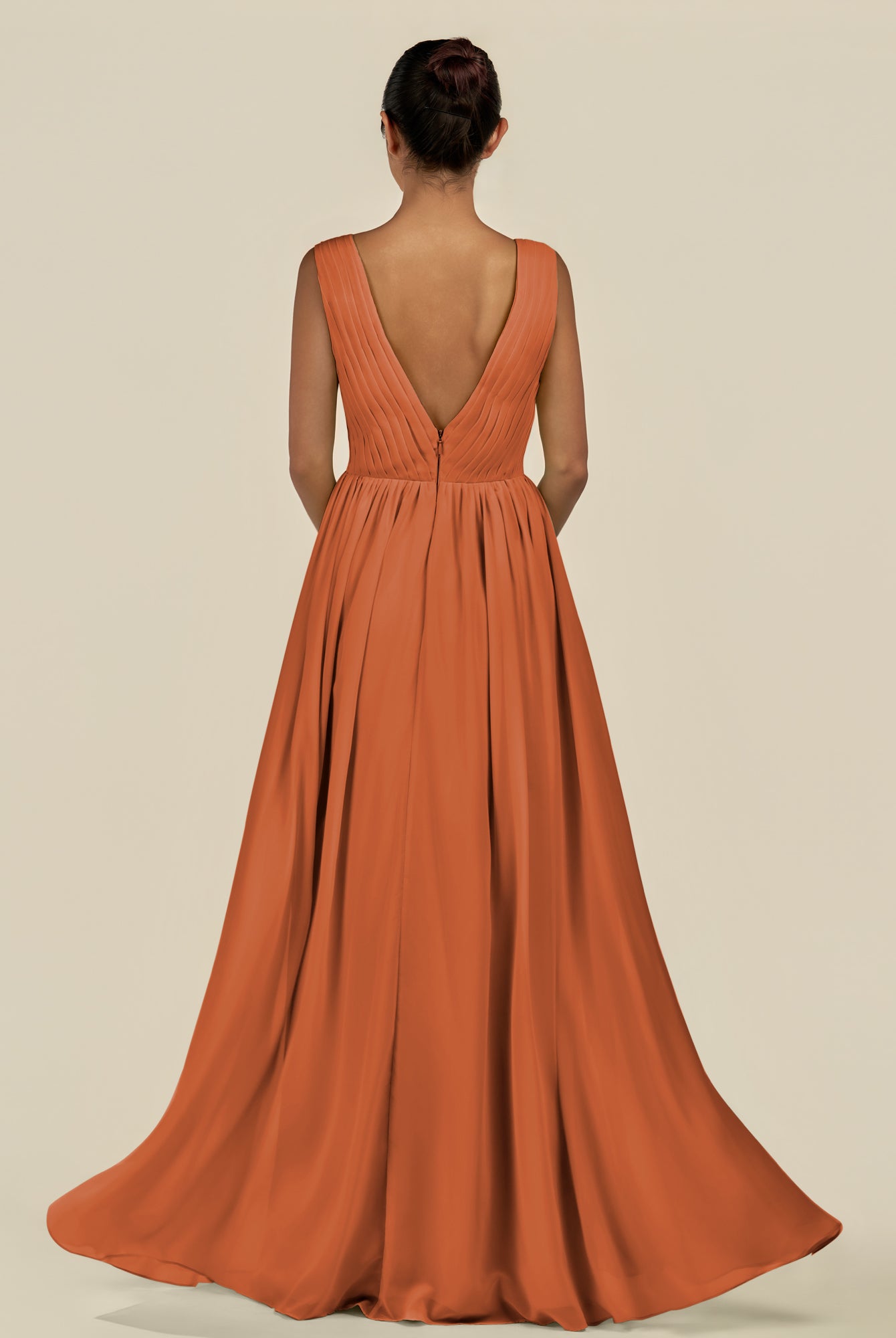 KissDress-Daryel Terracotta A Line Chiffon V Neck Pleated Long Bridesmaid Dress