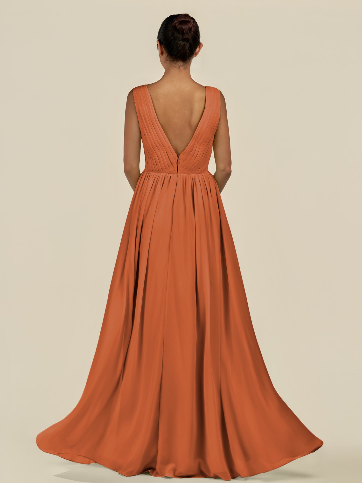KissDress-Daryel Terracotta A Line Chiffon V Neck Pleated Long Bridesmaid Dress
