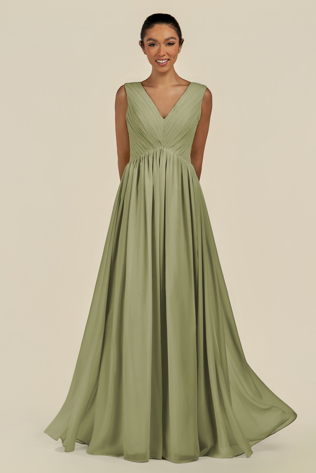 KissDress-Daryel Thyme A Line Chiffon V Neck Pleated Long Bridesmaid Dress