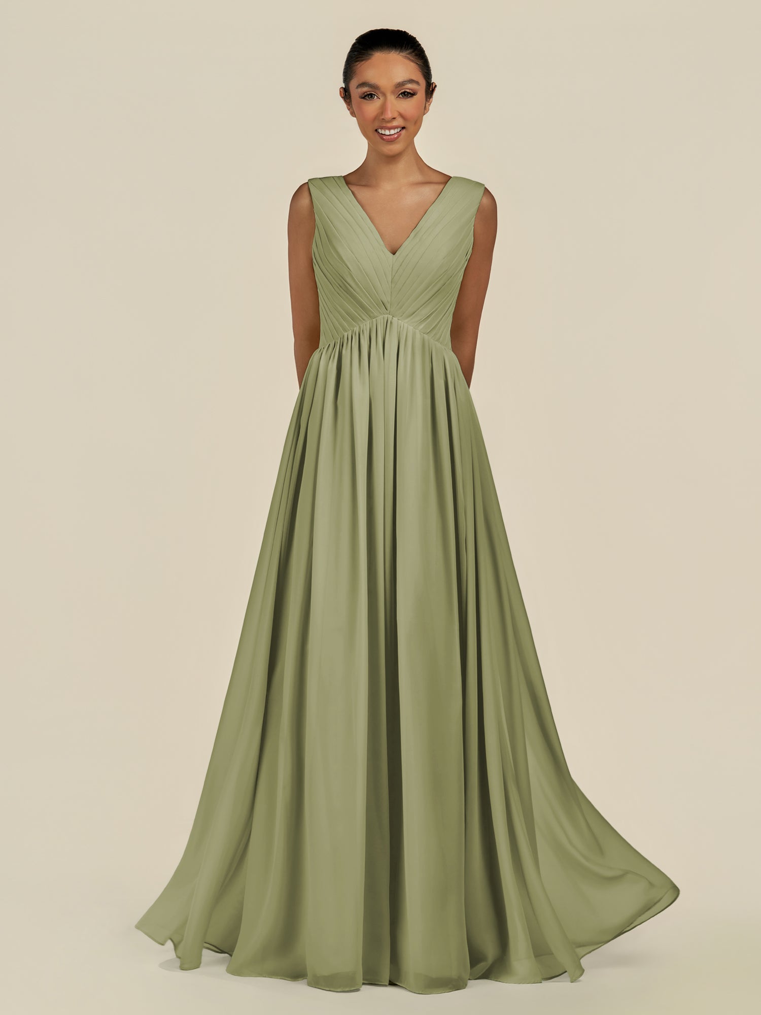 KissDress-Daryel Thyme A Line Chiffon V Neck Pleated Long Bridesmaid Dress