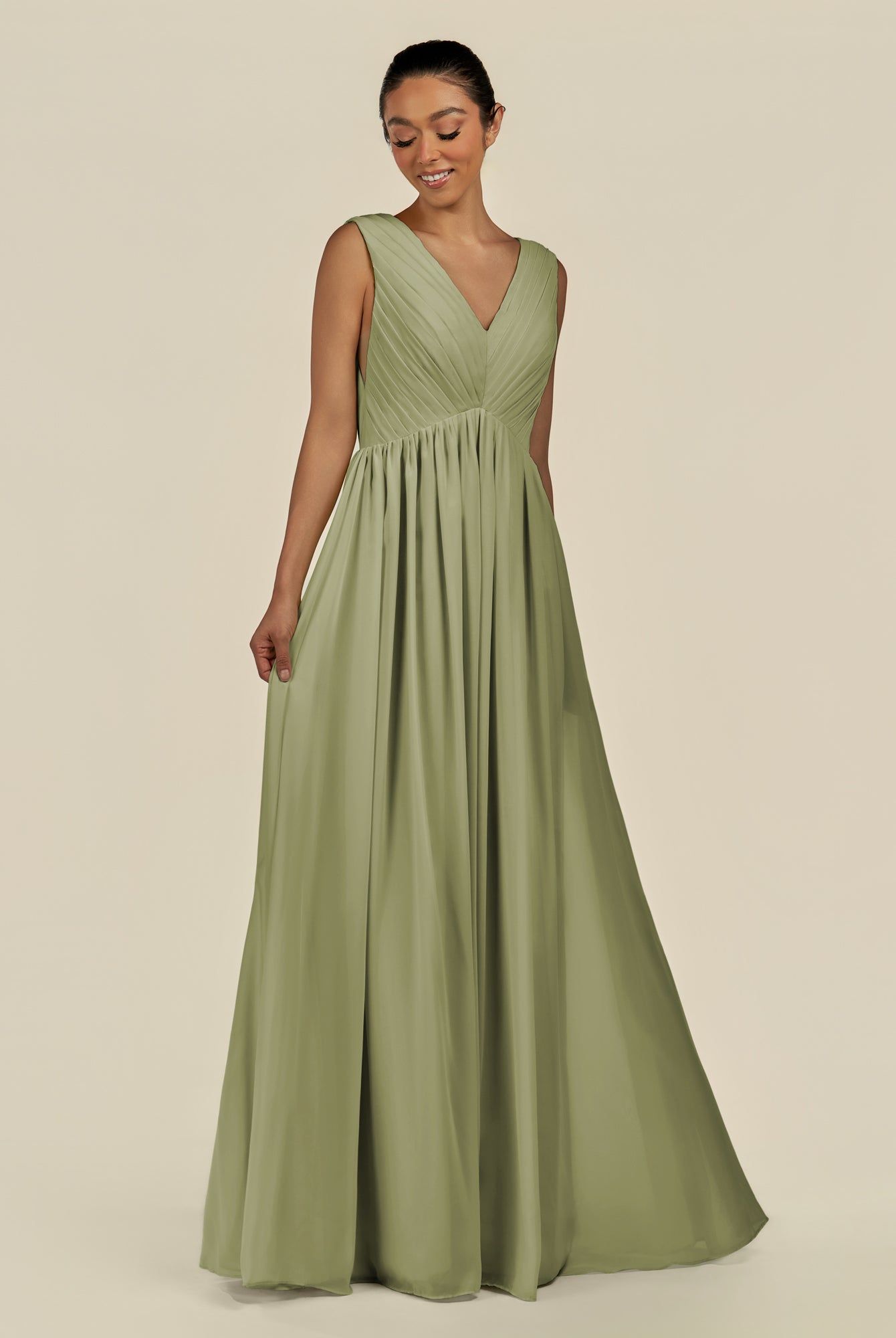 KissDress-Daryel Thyme A Line Chiffon V Neck Pleated Long Bridesmaid Dress
