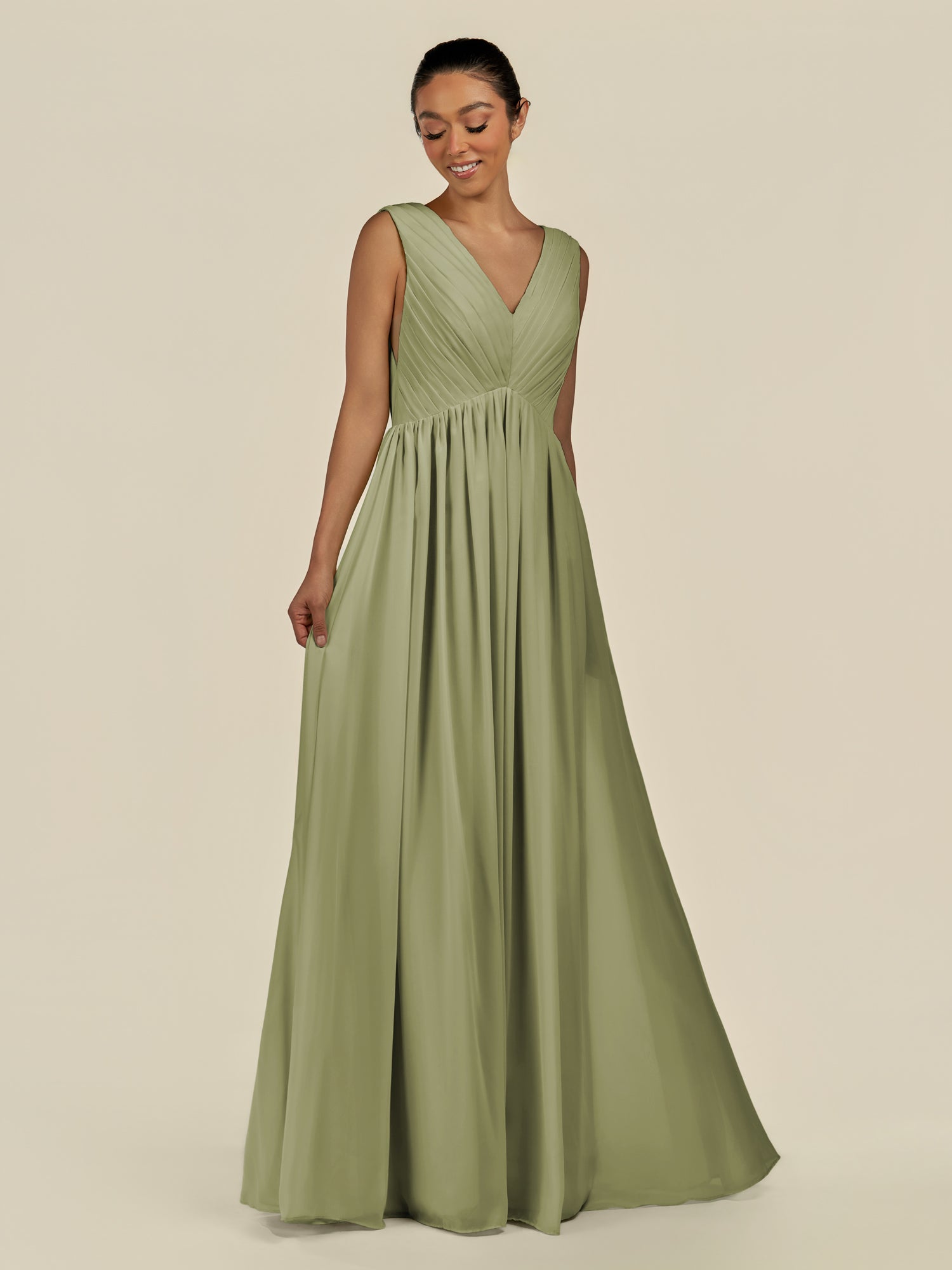 KissDress-Daryel Thyme A Line Chiffon V Neck Pleated Long Bridesmaid Dress