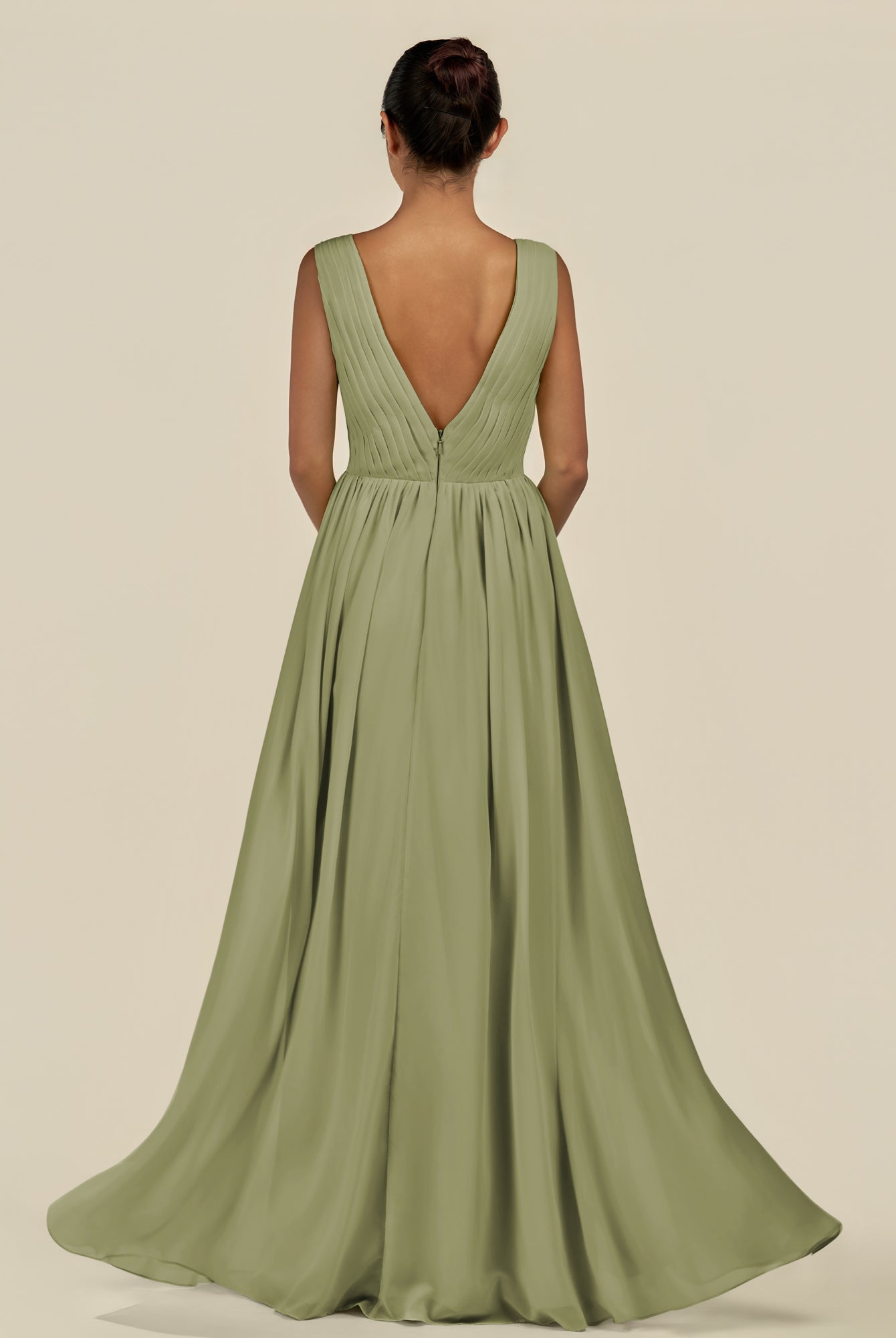 KissDress-Daryel Thyme A Line Chiffon V Neck Pleated Long Bridesmaid Dress