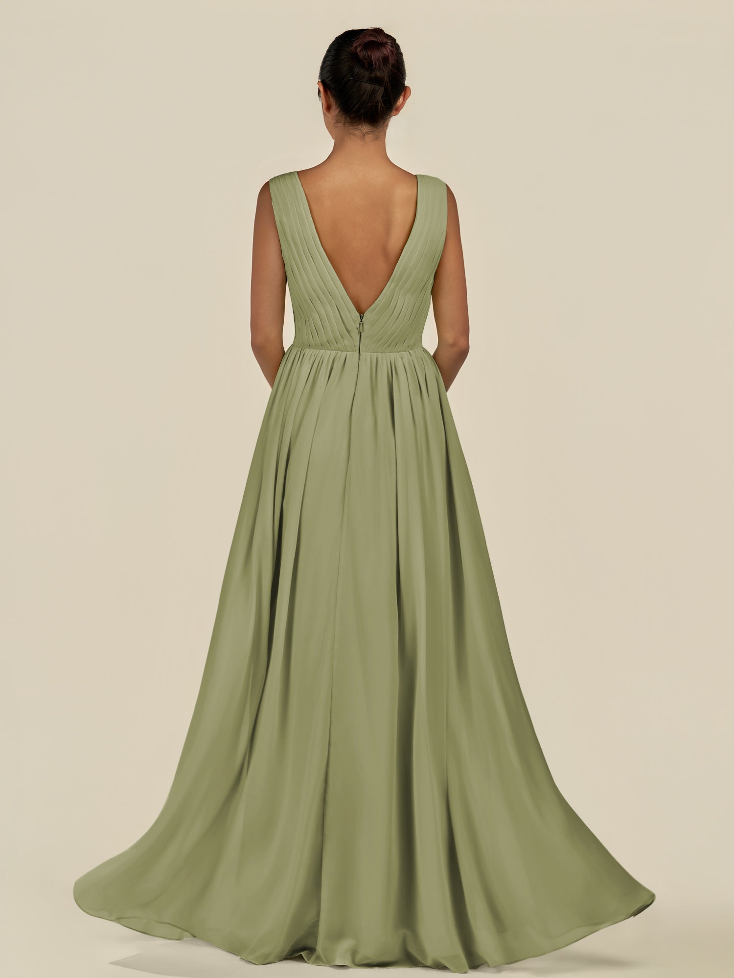 KissDress-Daryel Thyme A Line Chiffon V Neck Pleated Long Bridesmaid Dress