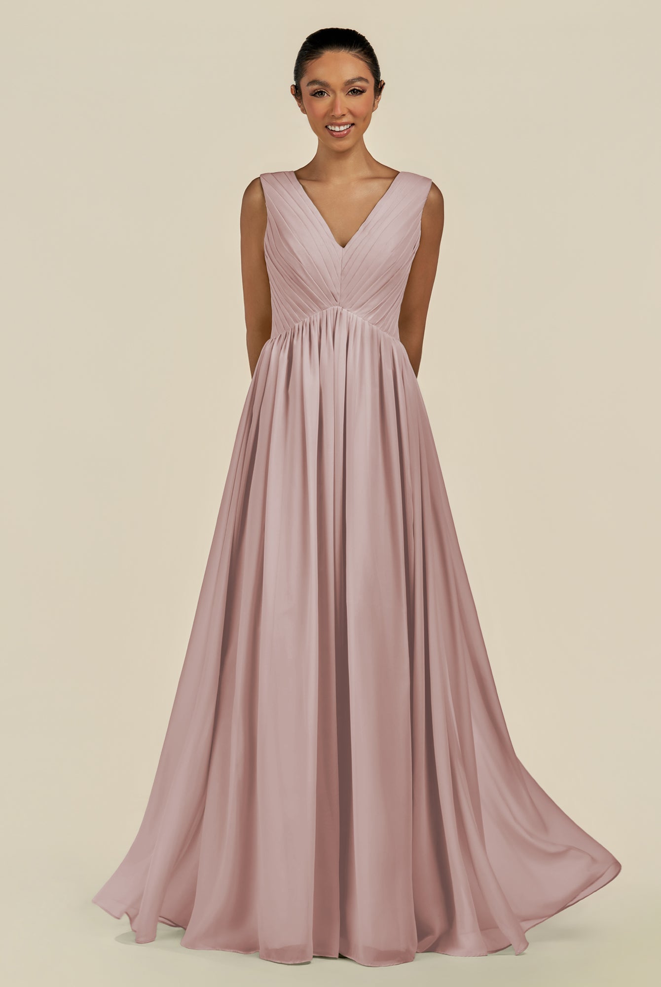 KissDress-Daryel Toffee A Line Chiffon V Neck Pleated Long Bridesmaid Dress