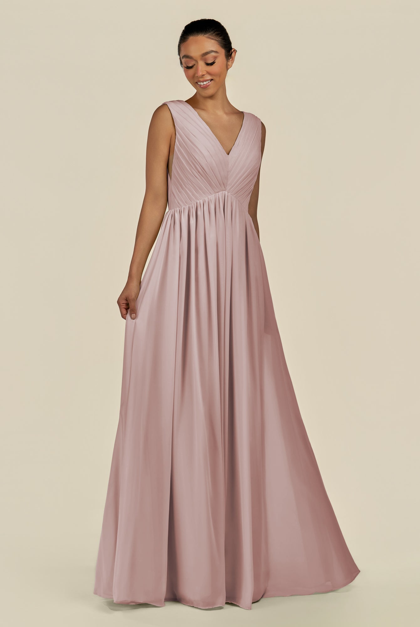 KissDress-Daryel Toffee A Line Chiffon V Neck Pleated Long Bridesmaid Dress