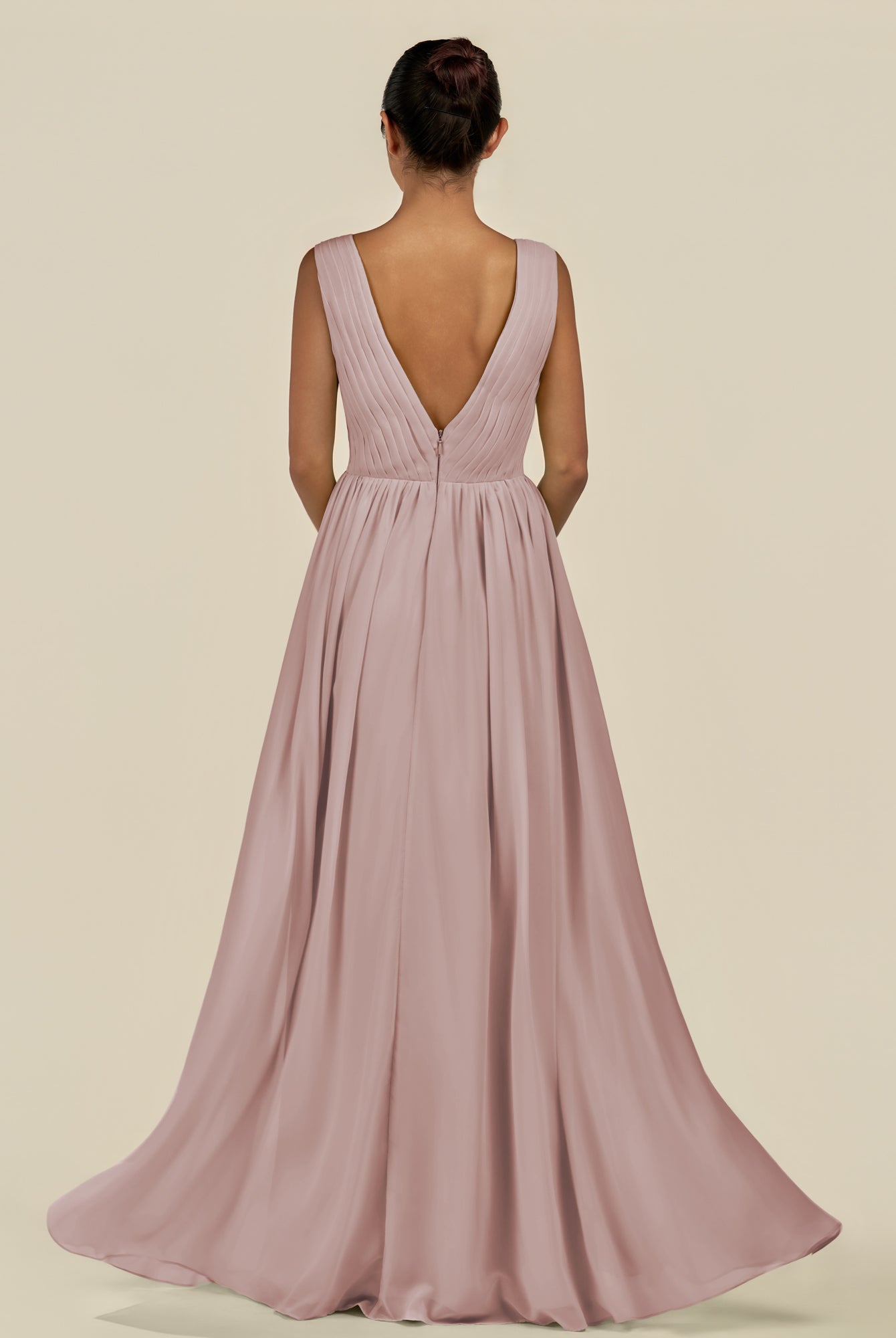 KissDress-Daryel Toffee A Line Chiffon V Neck Pleated Long Bridesmaid Dress