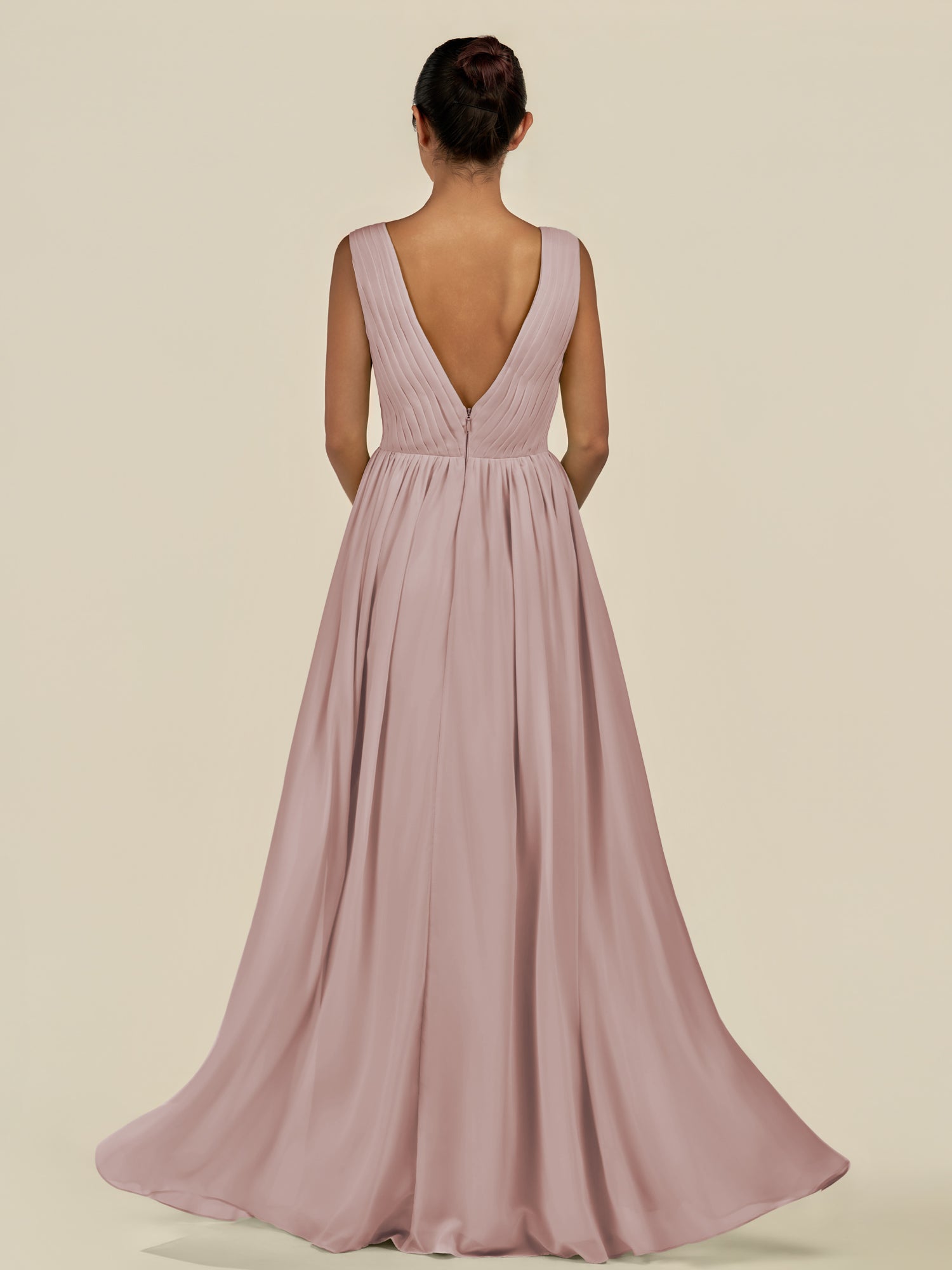 KissDress-Daryel Toffee A Line Chiffon V Neck Pleated Long Bridesmaid Dress