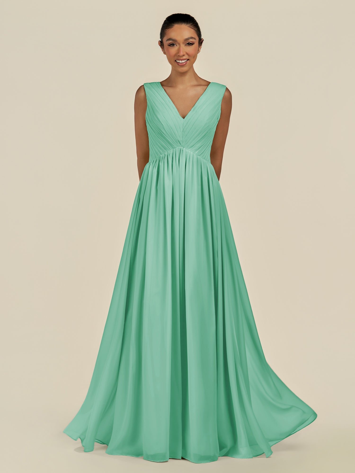 KissDress-Daryel Turquoise A Line Chiffon V Neck Pleated Long Bridesmaid Dress
