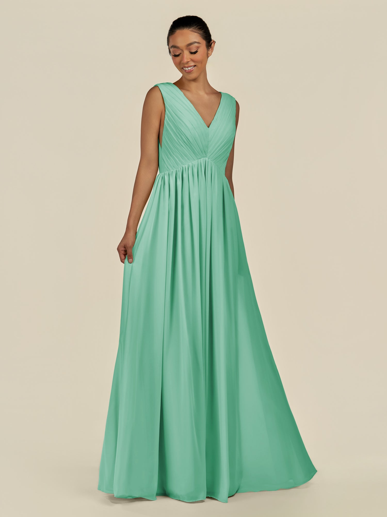 KissDress-Daryel Turquoise A Line Chiffon V Neck Pleated Long Bridesmaid Dress