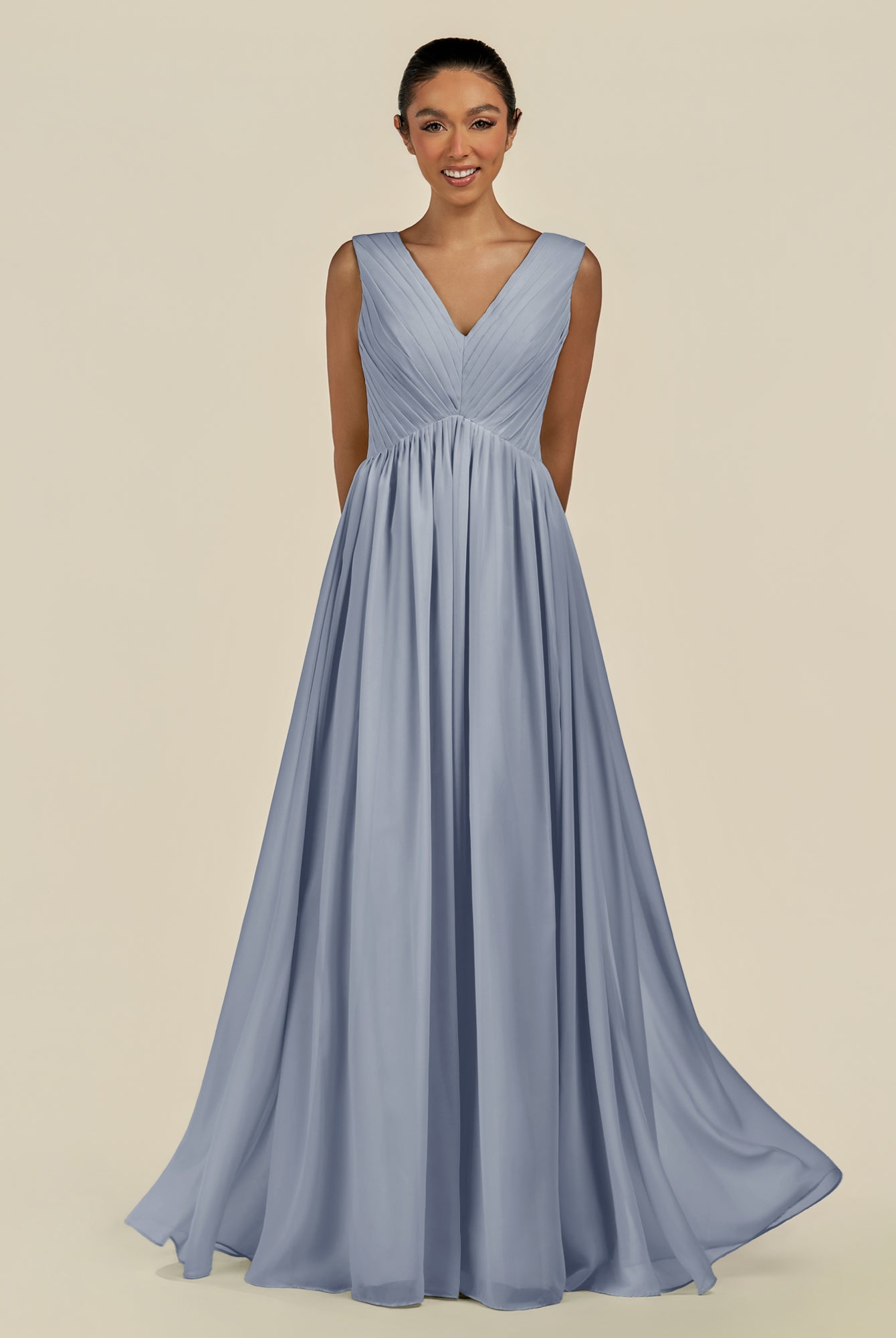 KissDress-Daryel Twilight A Line Chiffon V Neck Pleated Long Bridesmaid Dress