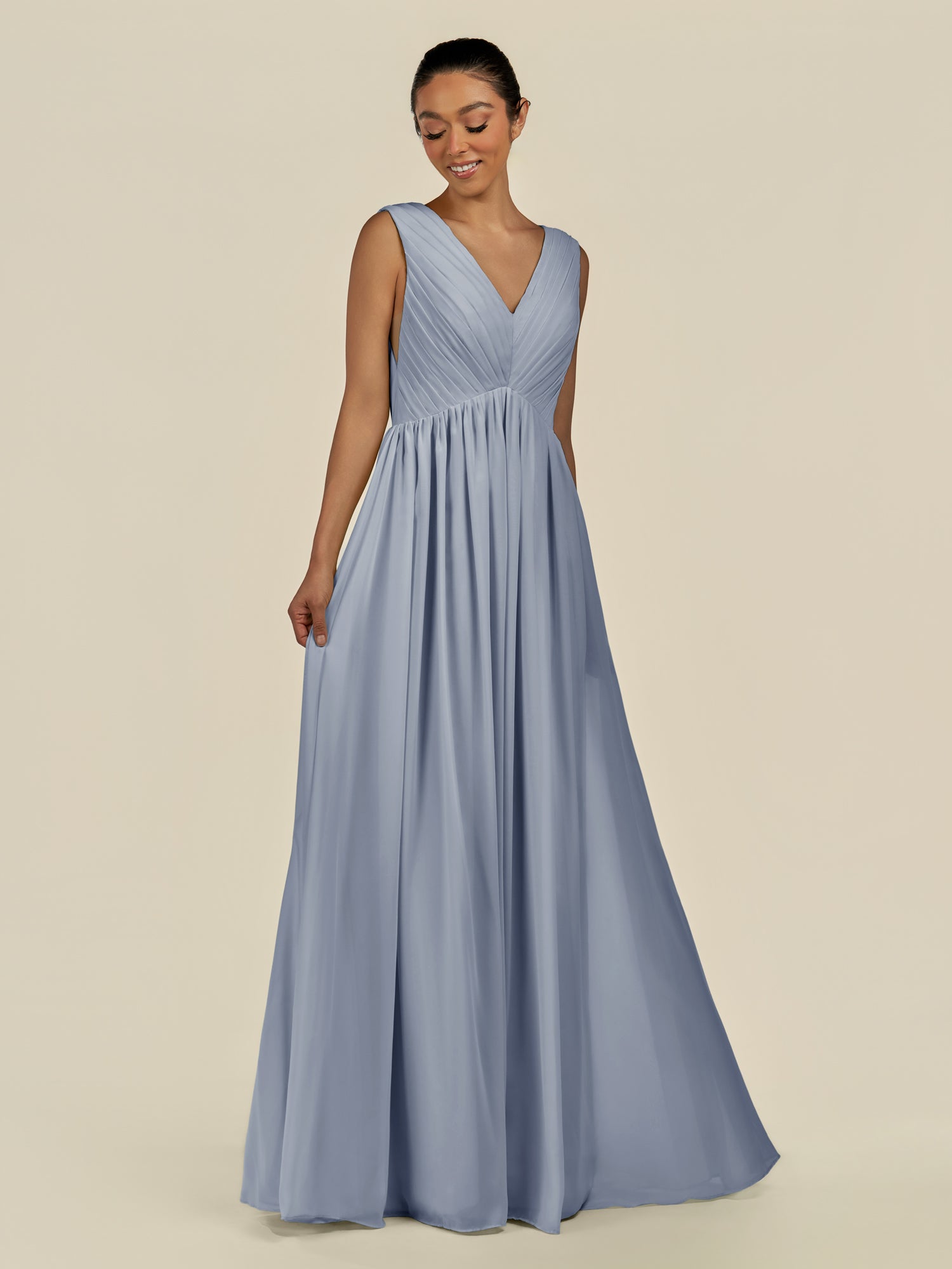 KissDress-Daryel Twilight A Line Chiffon V Neck Pleated Long Bridesmaid Dress